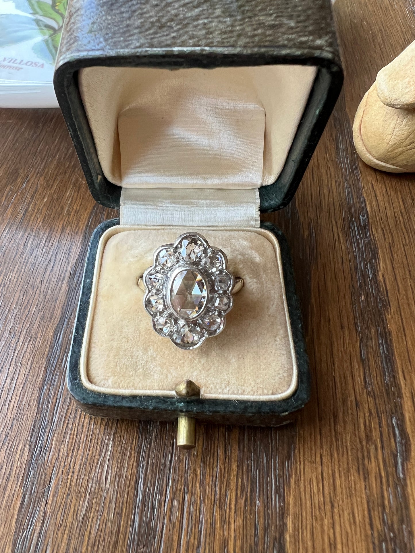 XL French Antique Open Back Oval Rose Cut DIAMOND Clear Disco Daisy Cluster Ring Victorian 18k Gold Platinum