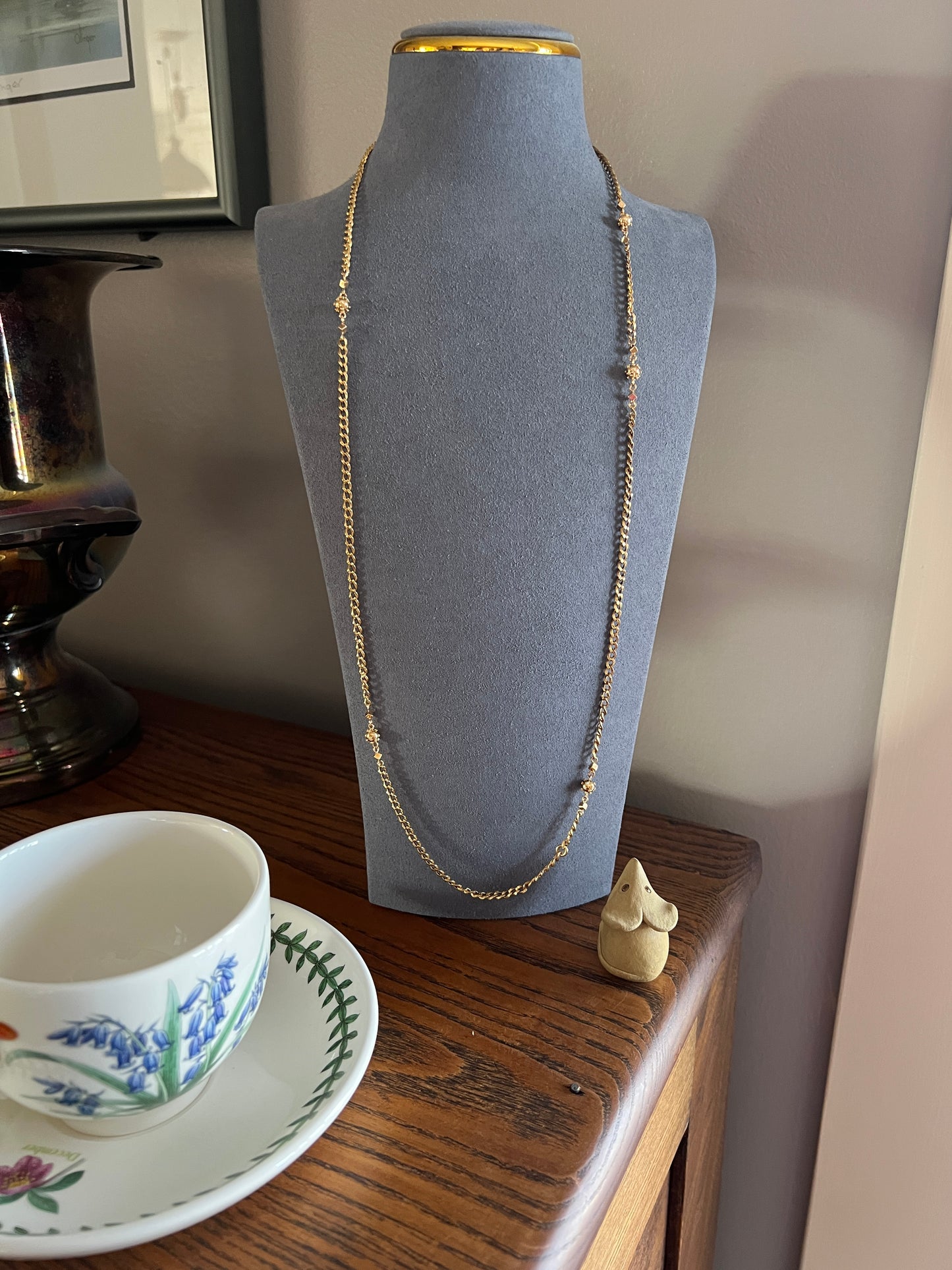 CUBE & Spiked Ball French Early VICTORIAN 18k Gold 10.9g Extra Long Guard Cable Link 30" Muff Chain Necklace Pendant Holder Geometric Glow