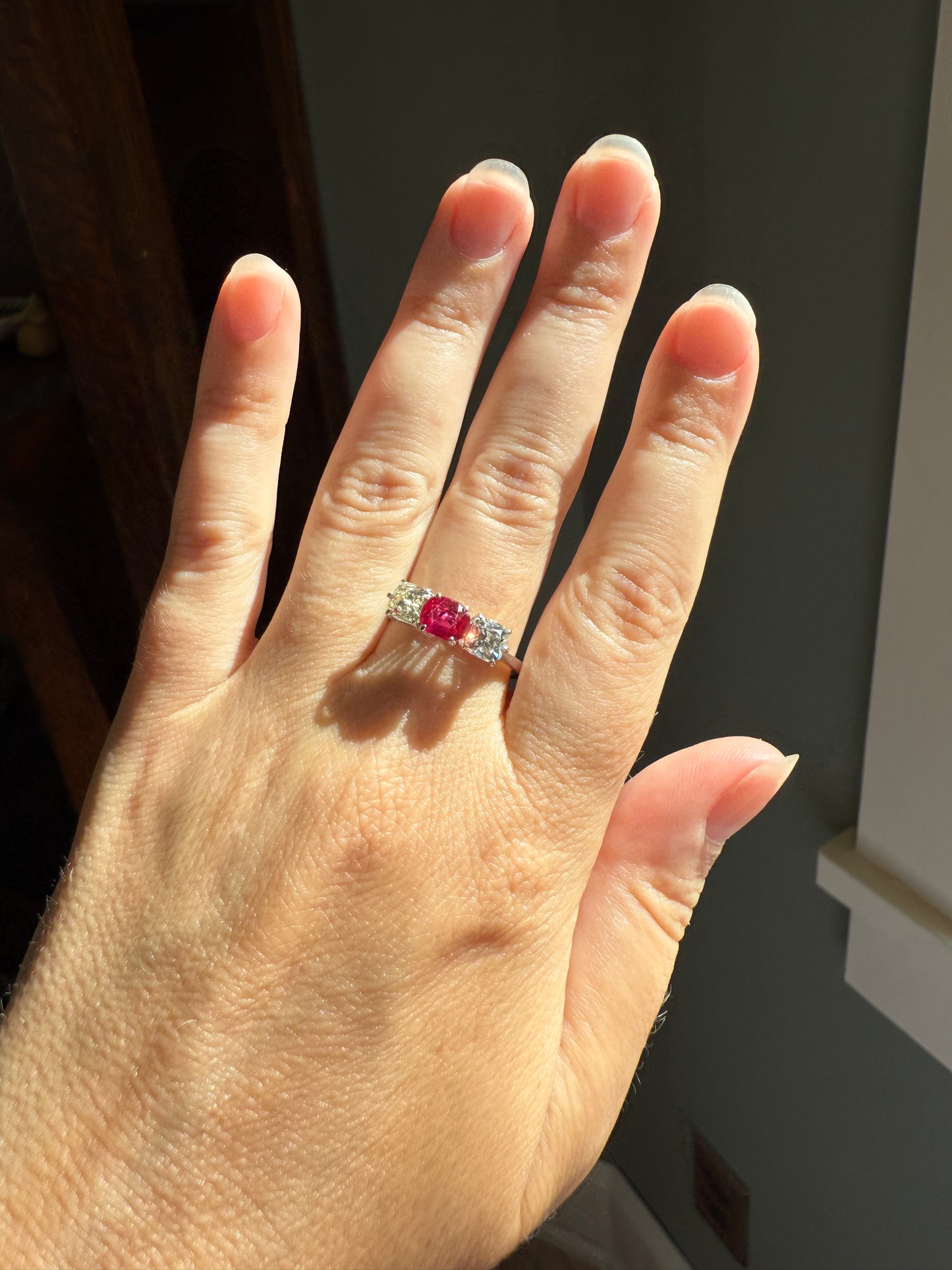 TALL Three Stone Square Old Mine Cut DIAMOND Natural Ruby 18k White Gold Ring Unique Stacker Setting Stackable Pinkish Red