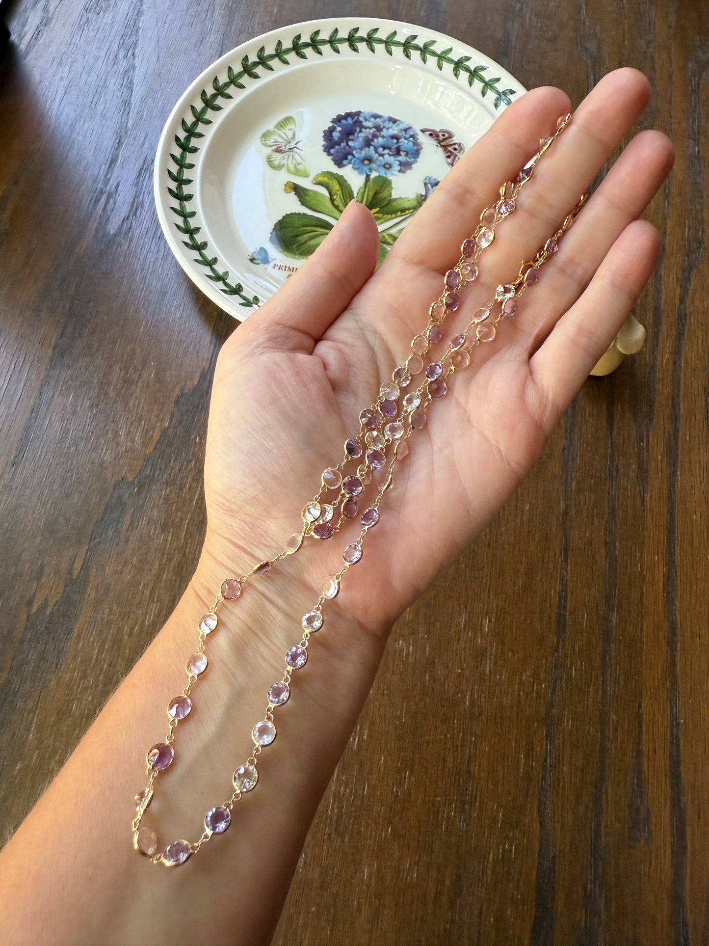 Vintage 25 CARATS Gemset Long Station Chain Guard 71 Rose Pink Quartz White Topaz Purple Amethyst 18k GOLD Necklace Harlequin
