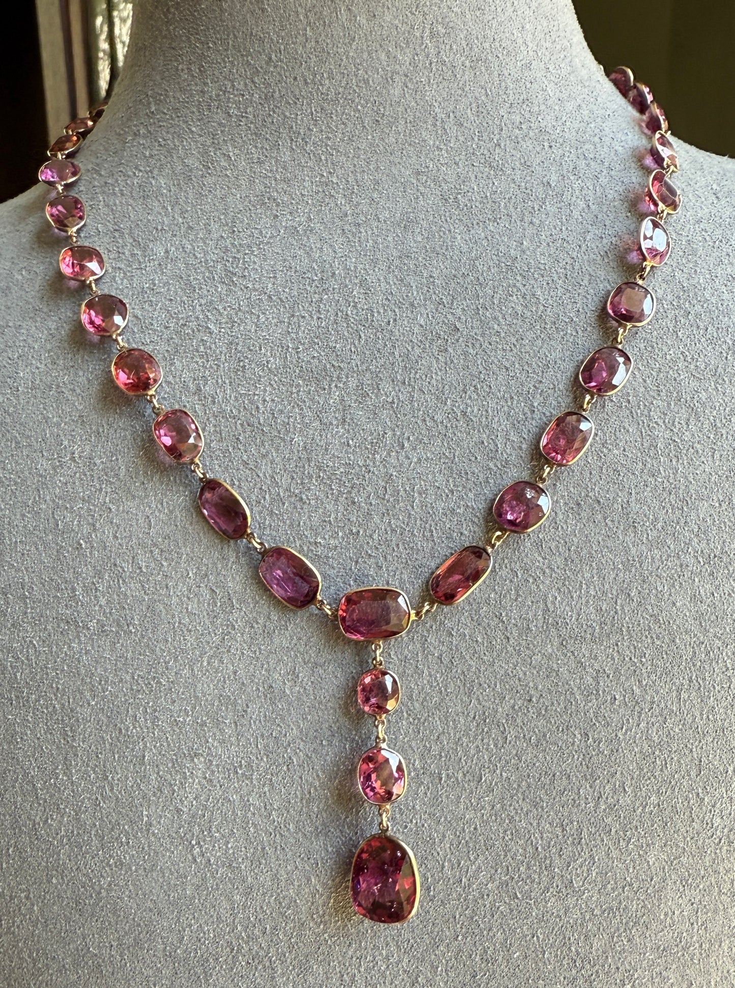 Antique 36 GARNET Riviera Station Chain 10k GOLD Berry Purple Pink Chunky Lariat Y Necklace Collar