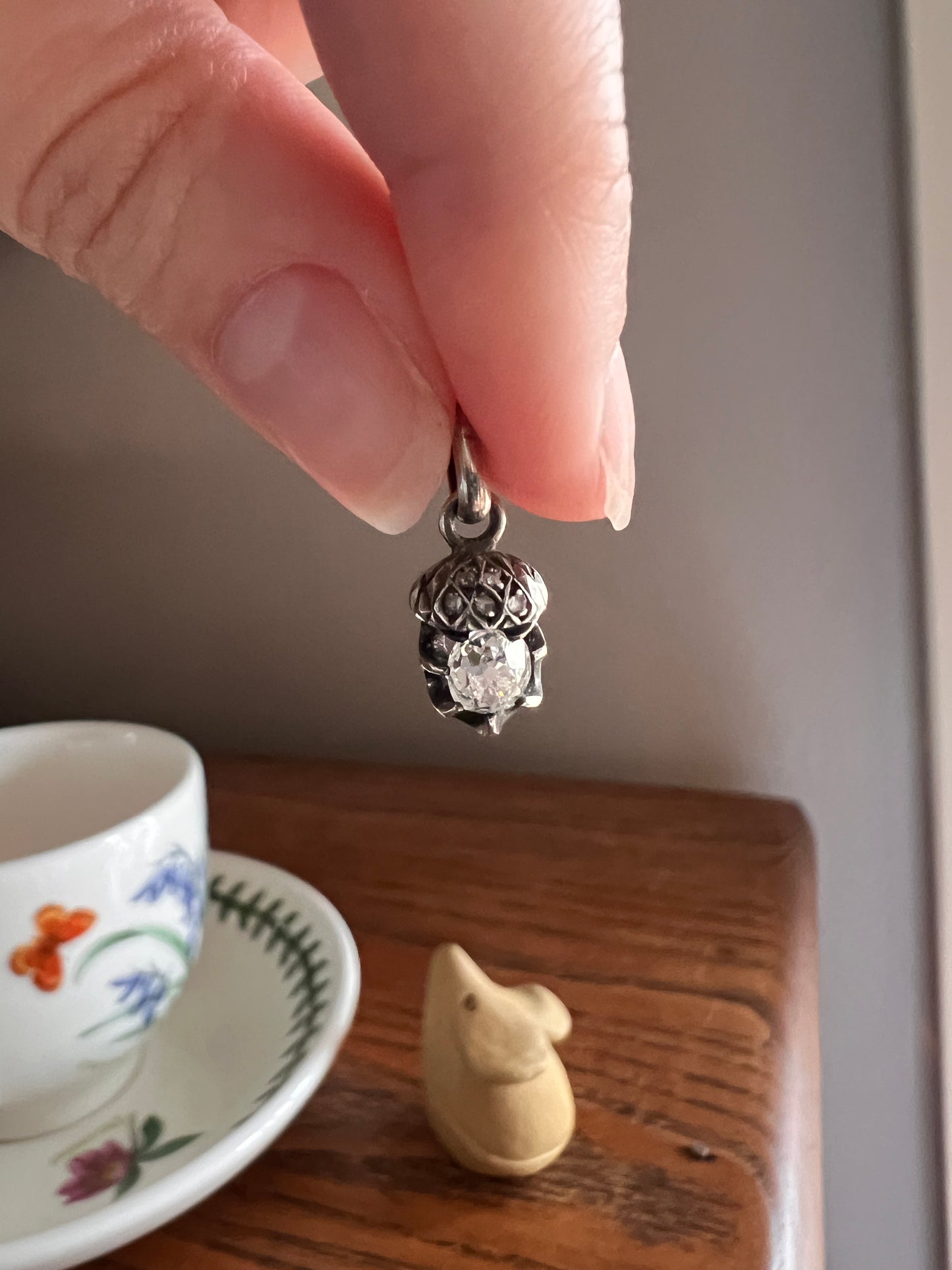 ACORN Eye Clean .65 Carat Old Mine Cut DIAMOND Rose Cut French Victorian ANTIQUE Figural Pendant 18k Gold Silver