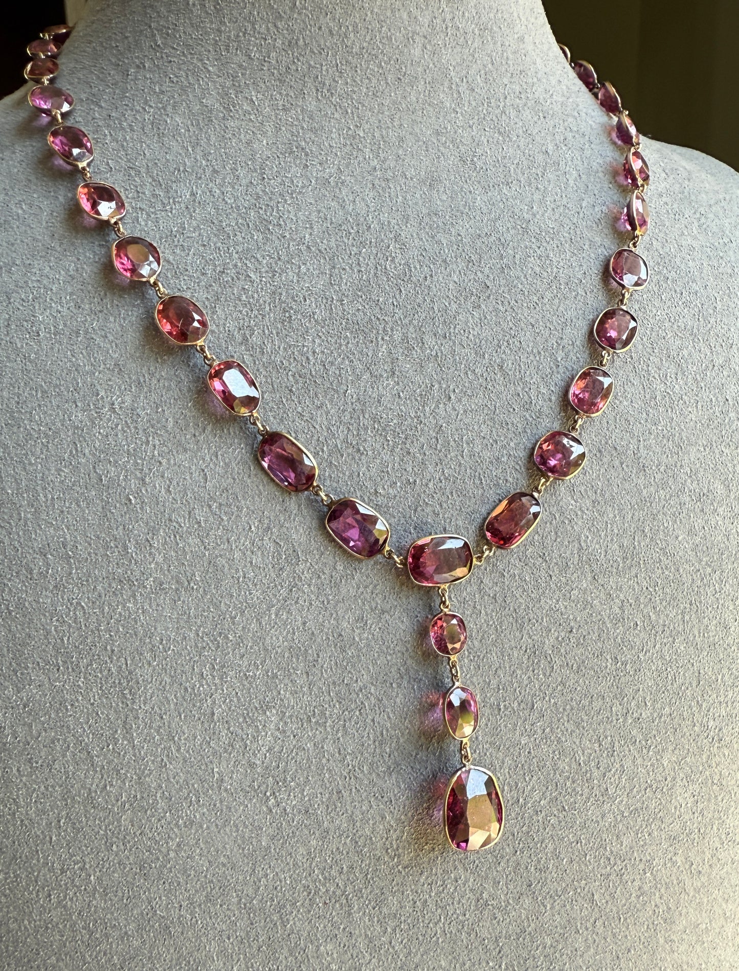 Antique 36 GARNET Riviera Station Chain 10k GOLD Berry Purple Pink Chunky Lariat Y Necklace Collar