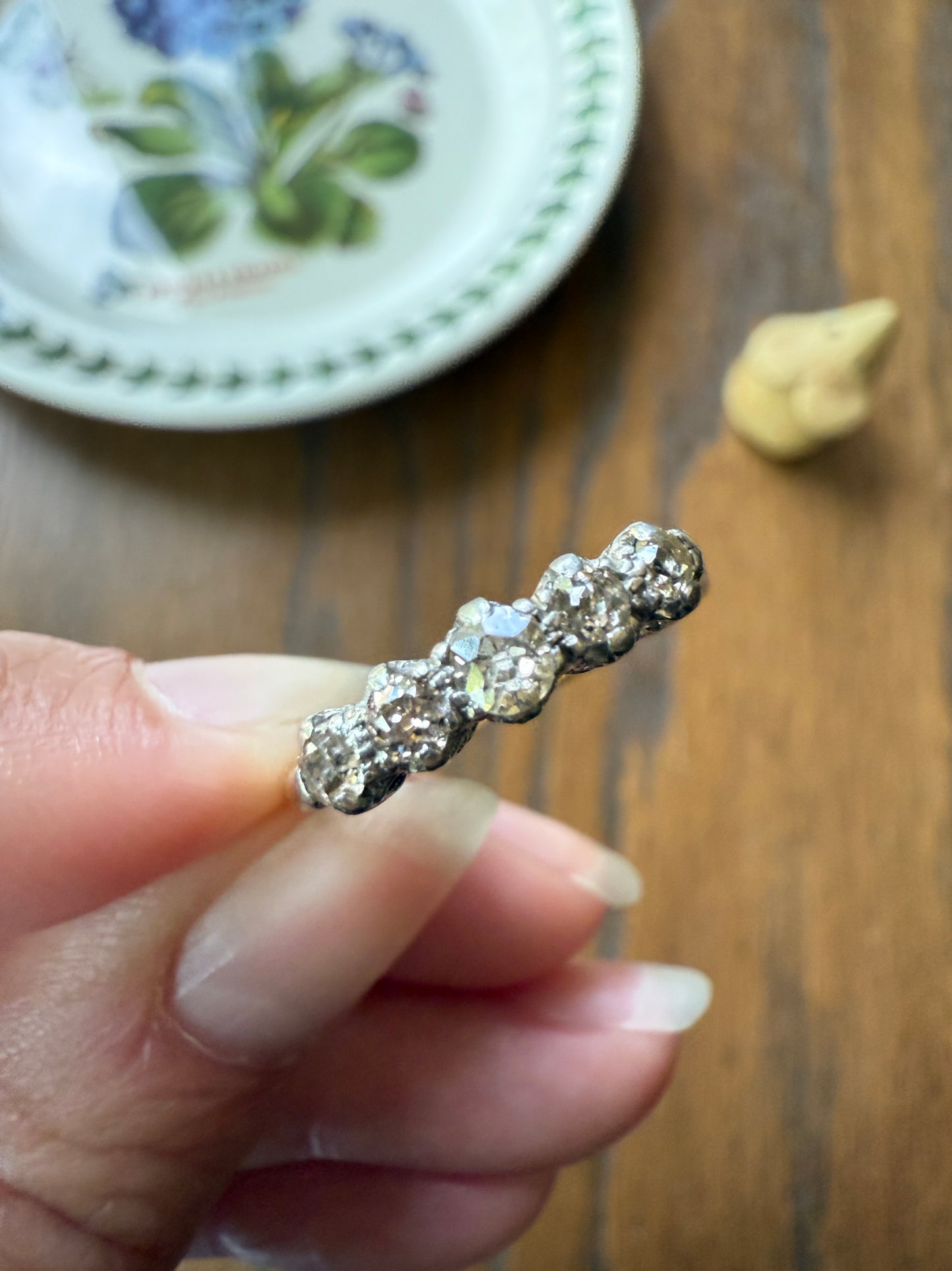 TALL Antique 0.6 Ctw Five Stone Old Mine Cut Diamond 18k Gold Platinum Band OMC Champagne