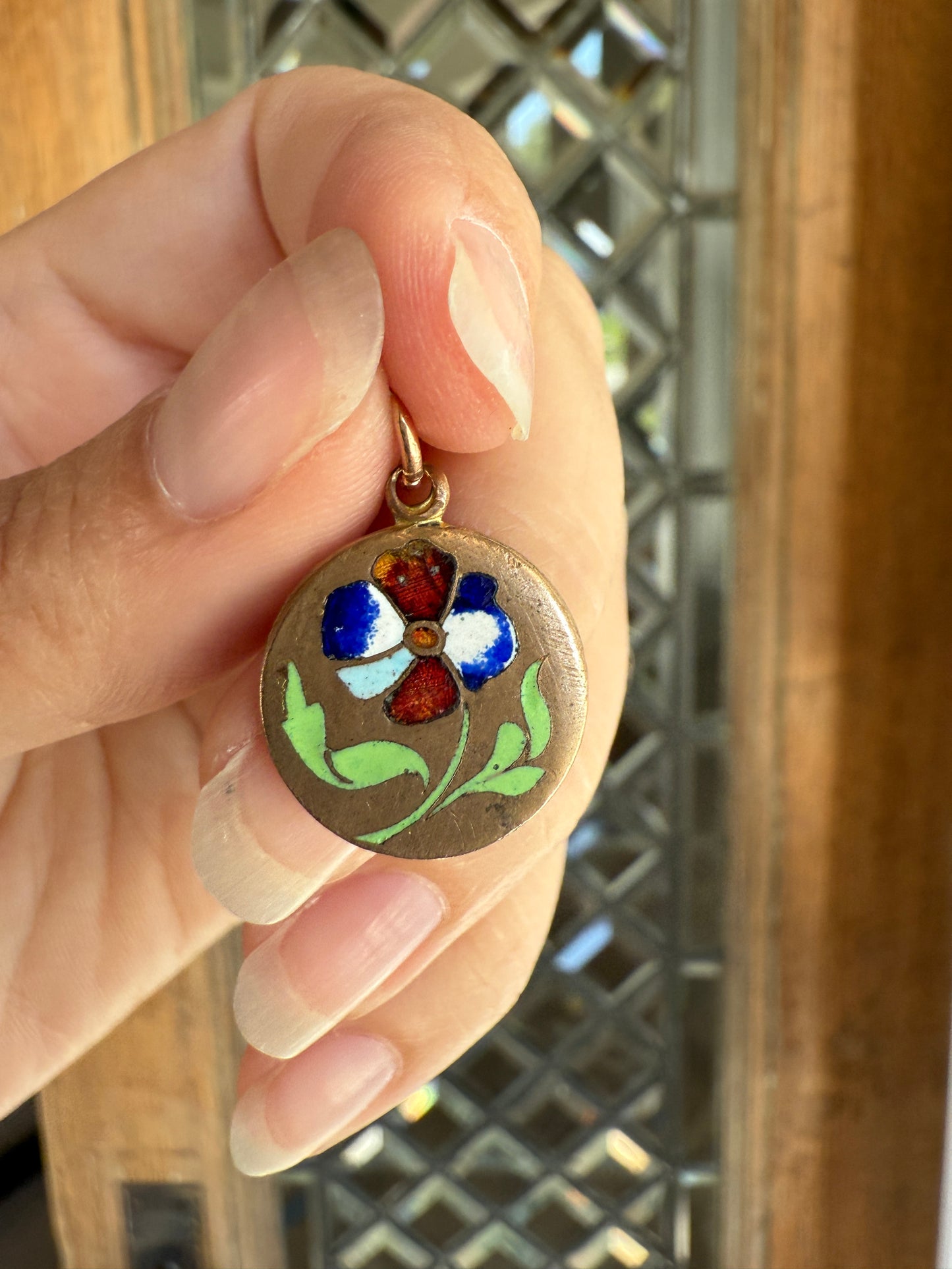 FLORAL Antique PANSY Enamel Flower Pendant Charm Victorian Enamel inlaid Brass Flower Medal Medallion Love Token Red Blue Green White
