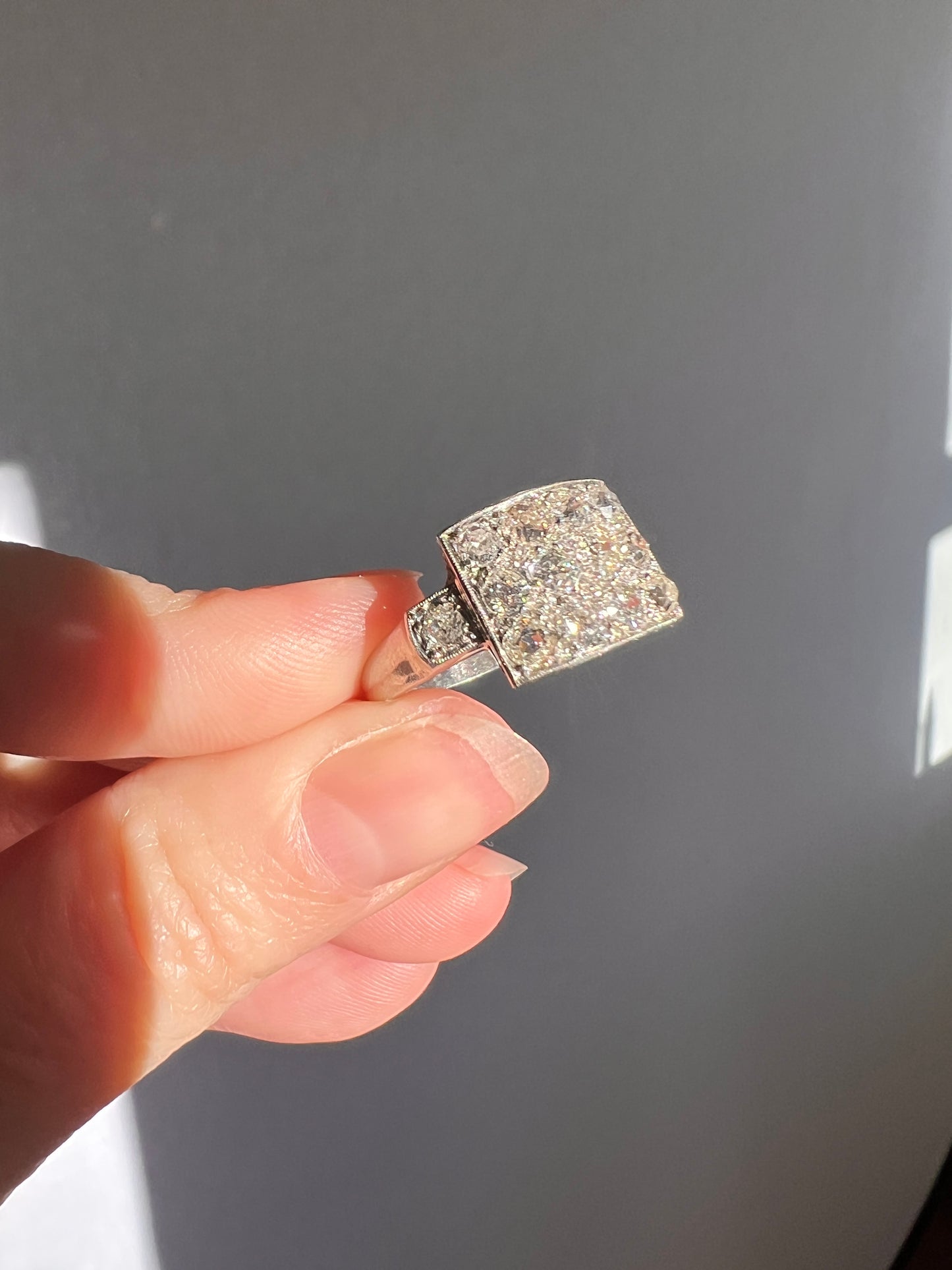 Two Carat 14 Old Mine Cut DIAMOND Curved Cluster Grid Ring French Antique Platinum Cobblestone