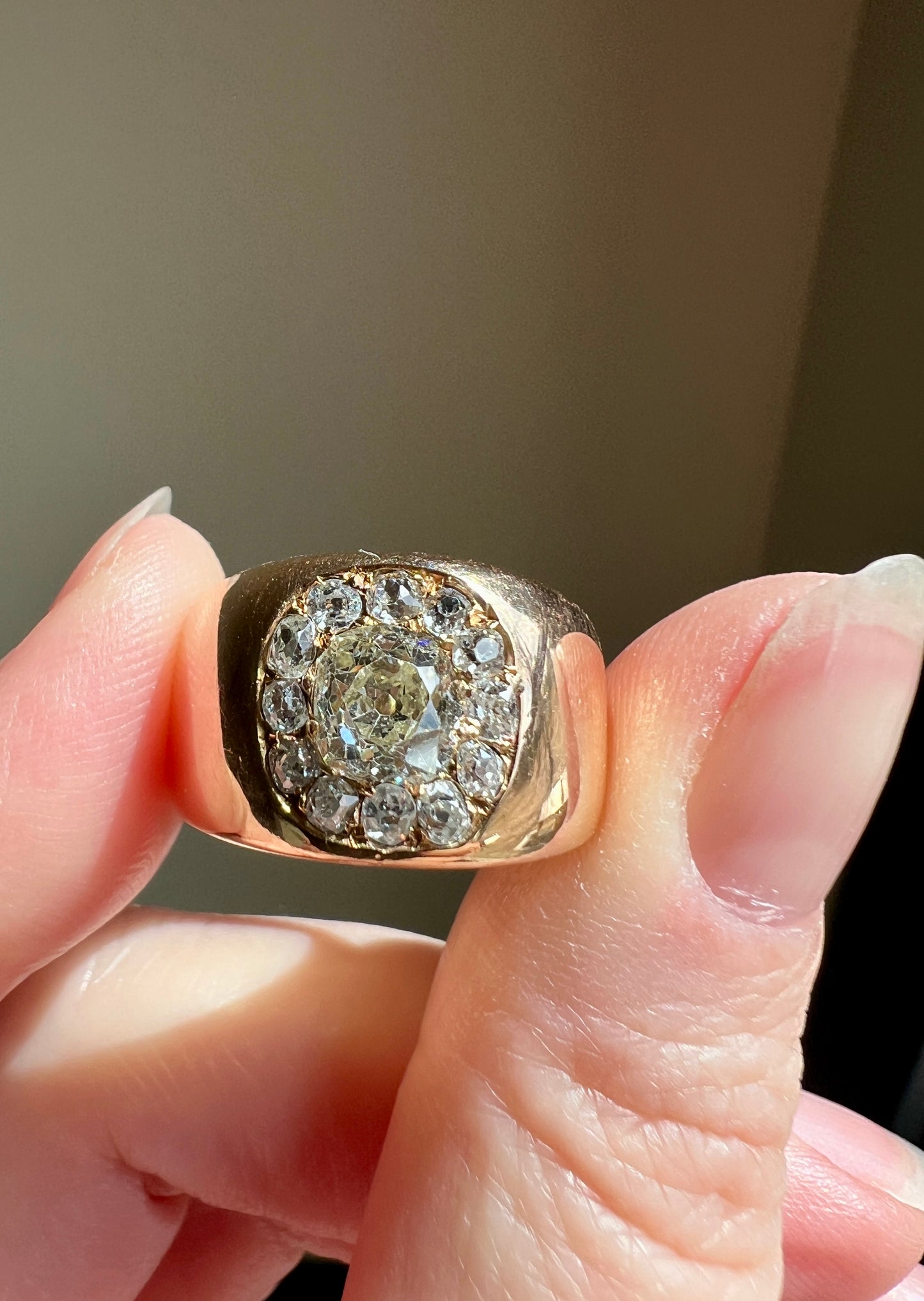 ANTIQUE 1 1/4 Carat Eye Clean Old Mine Cut DIAMONDS Chunky 18k Gold 12mm Wide Cigar Band Cluster Halo Ring French Cobblestone