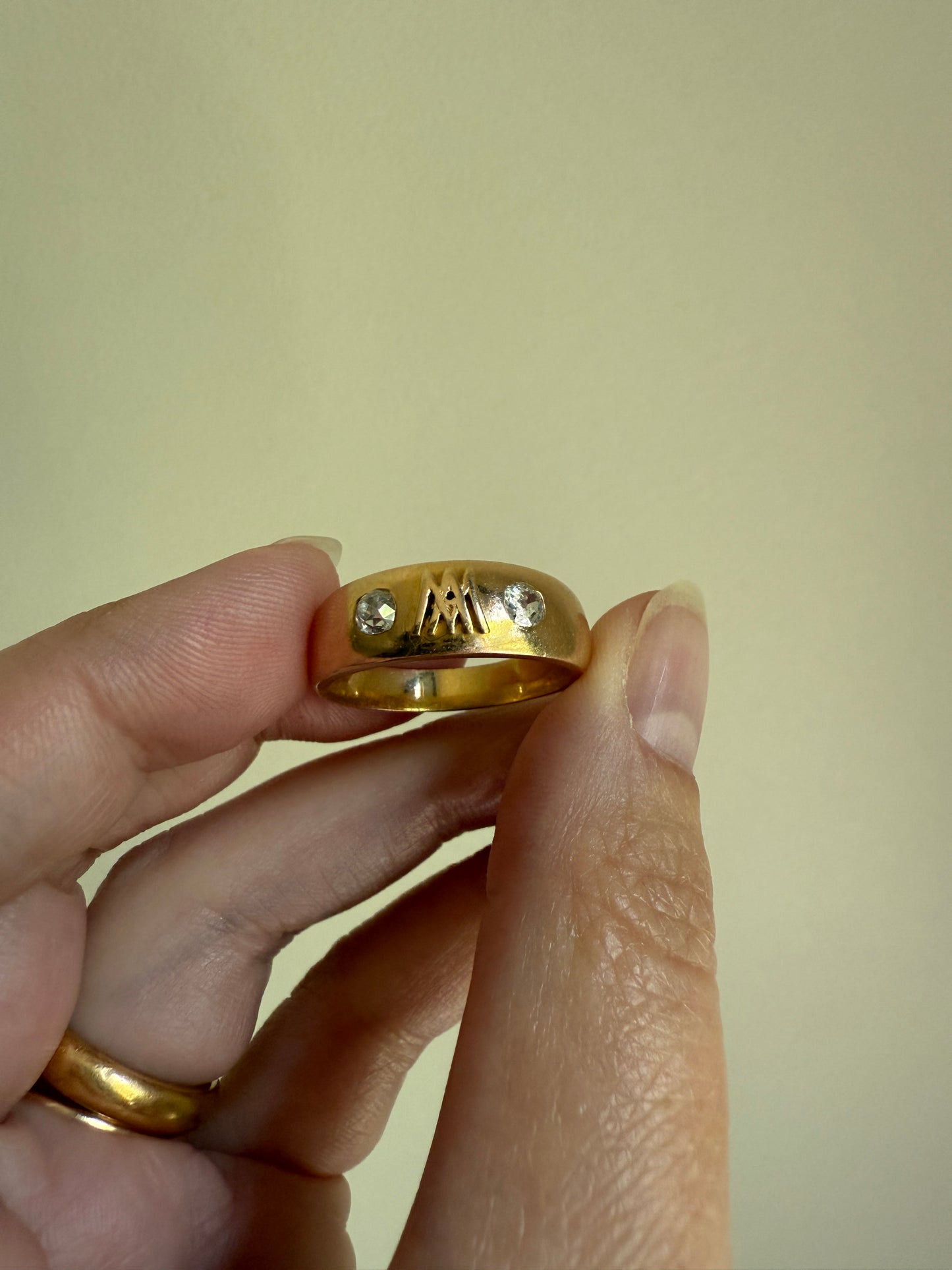 Heavy AM W Old Mine Cut Diamond Gypsy Ring 9.3g 18k Gold Band Solid Chunky Figural Initial Monogram Ring Stacker Man Or Unisex .4 Carat OMC