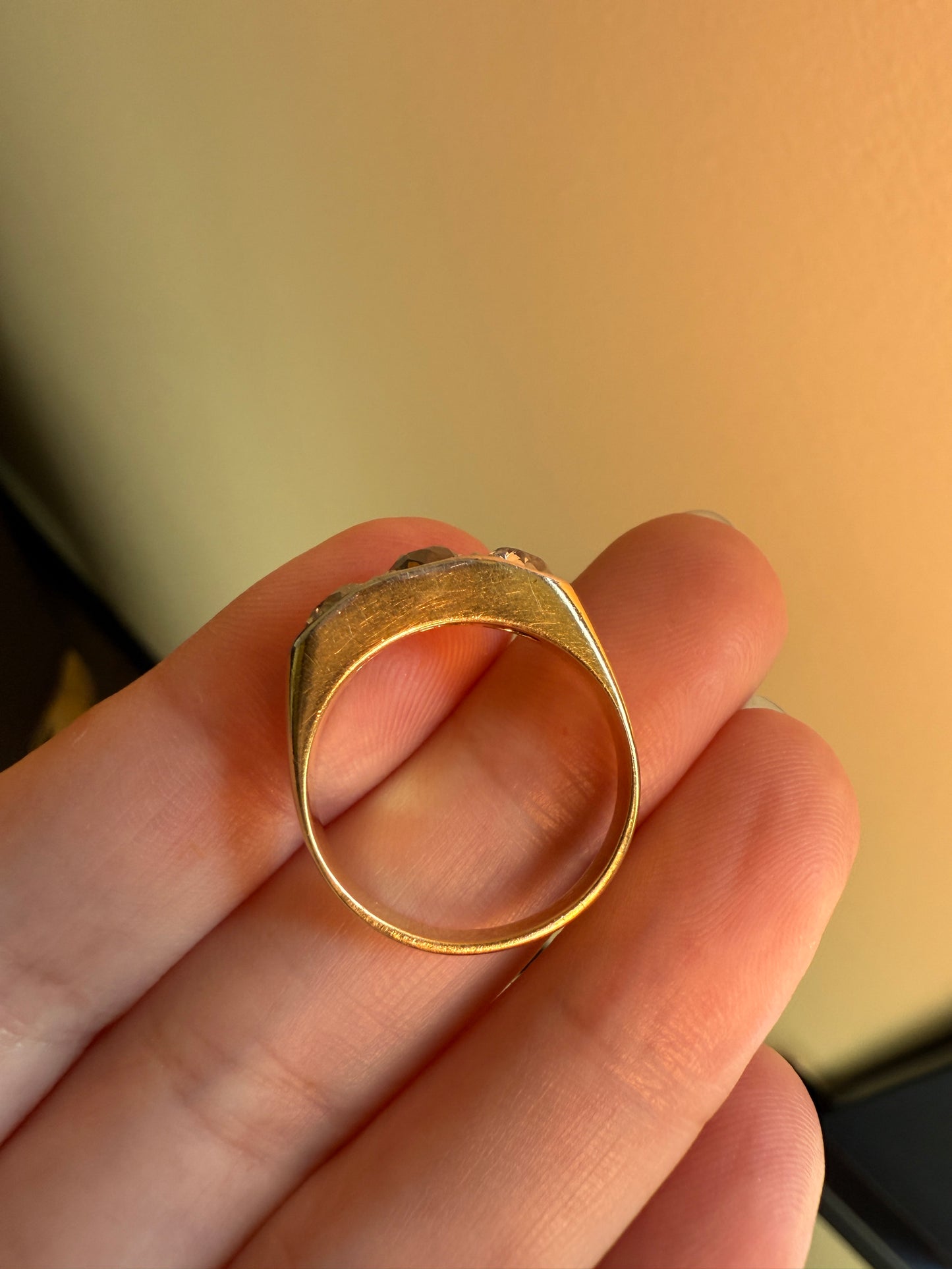 Chunky 1.65 Carat Antique Three Stone Old Mine Cut Diamond Chocolate Cognac Wide Band 18k Gold French Ring Belle Epoque Stacker