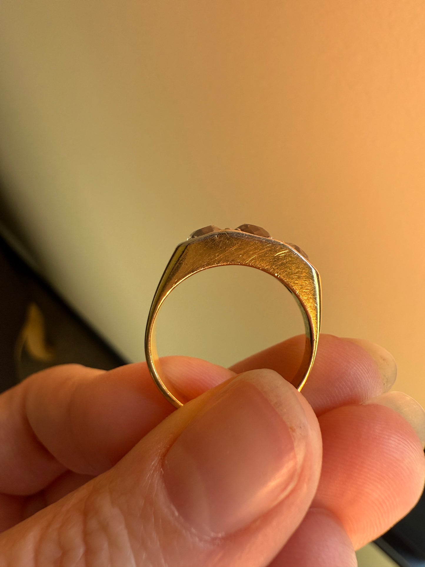Chunky 1.65 Carat Antique Three Stone Old Mine Cut Diamond Chocolate Cognac Wide Band 18k Gold French Ring Belle Epoque Stacker