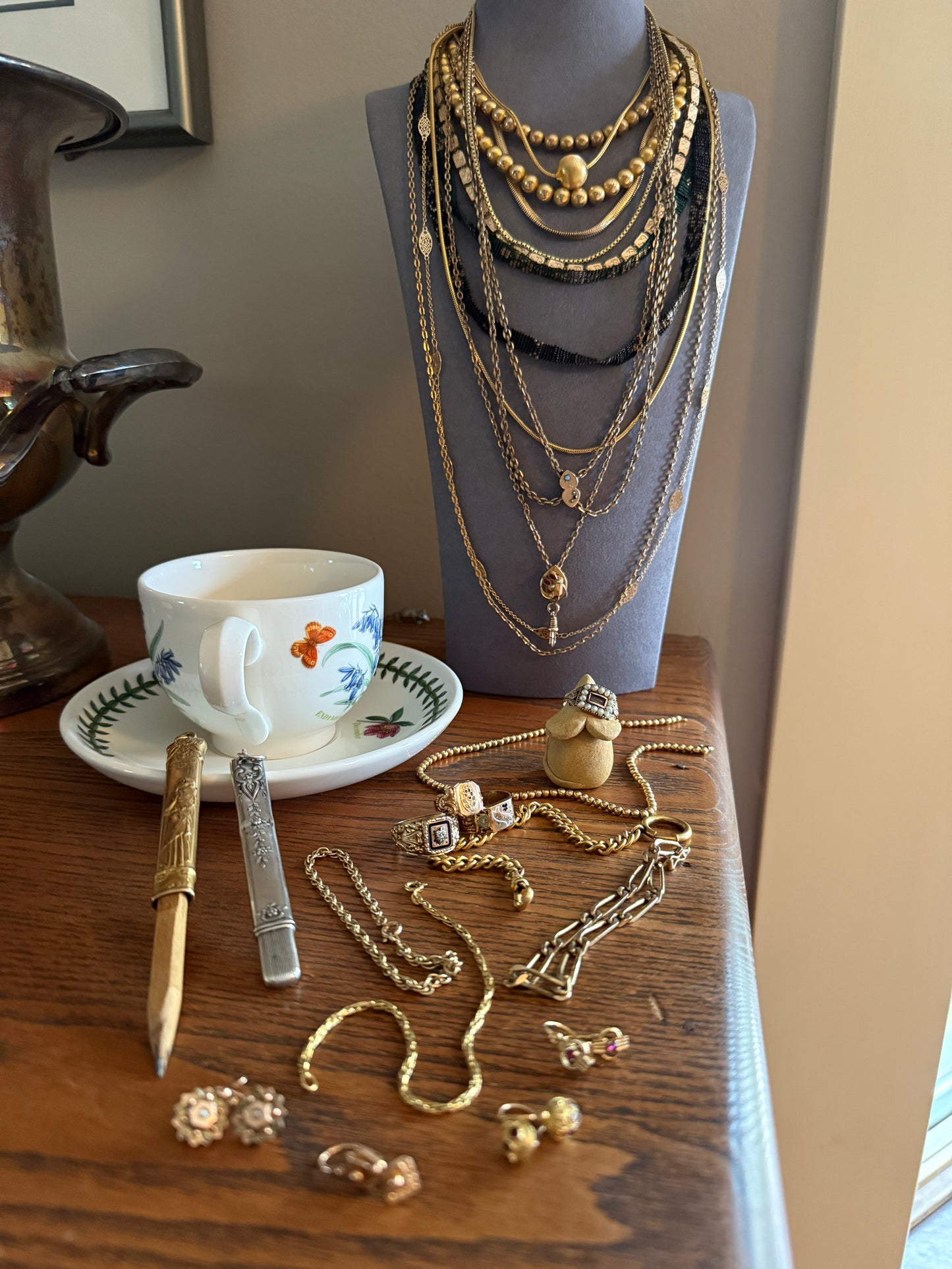 Two HEARTS Moon Star Slide Victorian Art Nouveau Warm Rosy Gold Fill Long Guard Muff Watch Chain Necklace Pearl & Opal