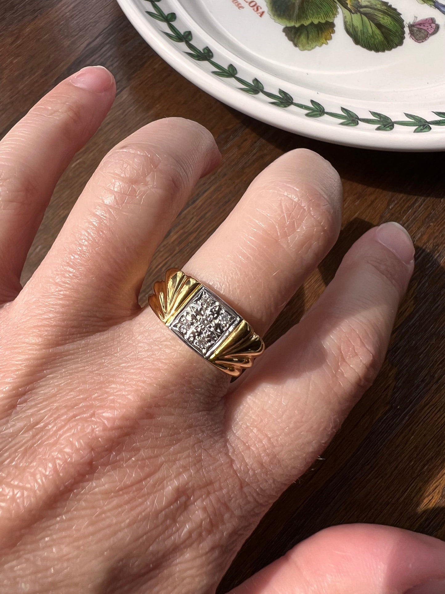 French Vintage Diamond SQUARE Face Gadroon Winged Swirl RING 18k GOLD Gypsy Wide Band Yellow White Stacker Romantic Gift for Her Minimalist