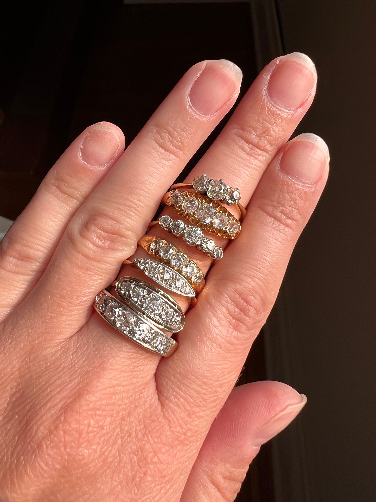 French ANTIQUE PLATINUM .5 Ctw Old Mine Cut Diamond Five Stone Boat East West Navette Ring Edwardian Belle Epoque Stacker Band Halo Stacking