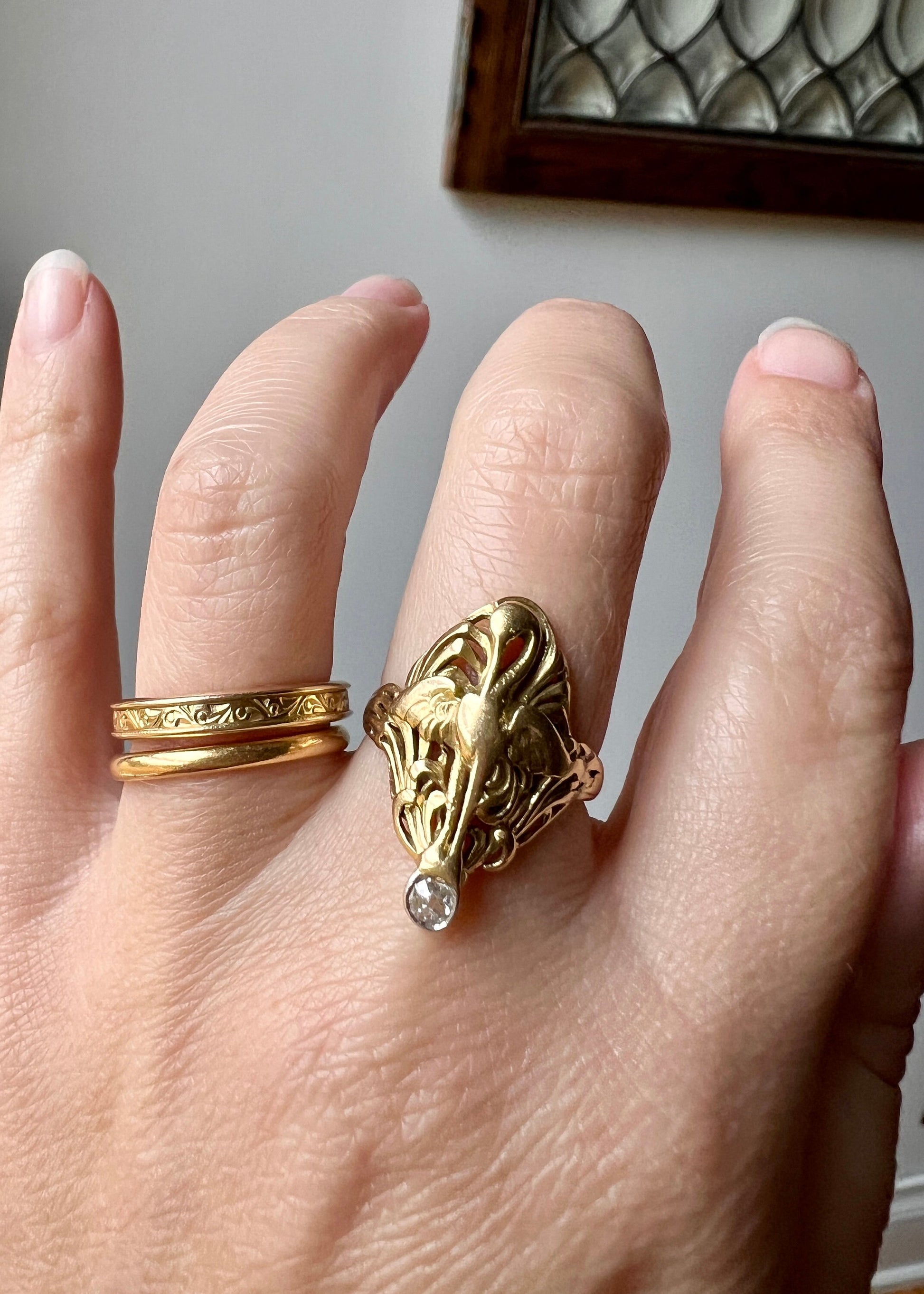 SWAN French ANTIQUE Special Art Nouveau Old Mine Cut DIAMOND 18k Gold Platinum Ring Loyalty Strength Figural Animal Romantic Gift Lifelike