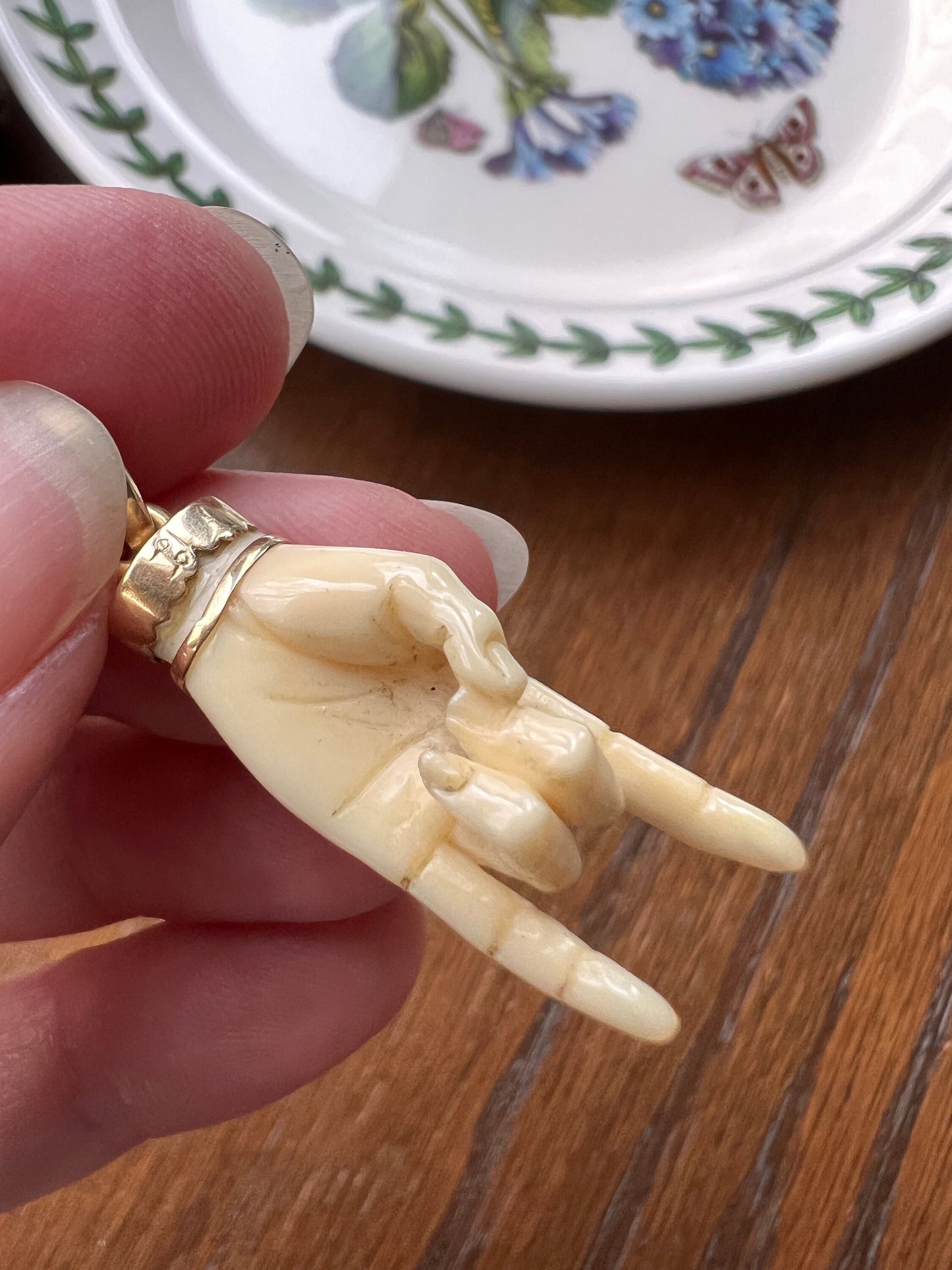XL ANTIQUE 14k Gold Carved White Mano Cornuto Figa Hand Pendant Turquoise Bangle Figural Rock On Symbol Fist Amulet Gift Neckmess Victorian
