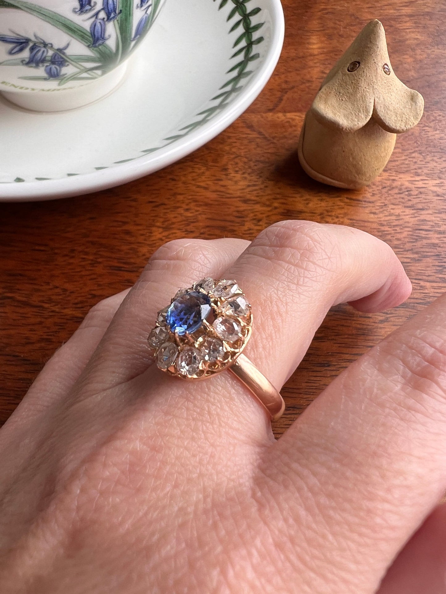 Natural Cornflower SAPPHIRE 1 Carat 10 Rose Cut Diamond Halo Ring 18k Gold Engraved Dated Wedding Band Antique Big Cluster Face Blue Chunky