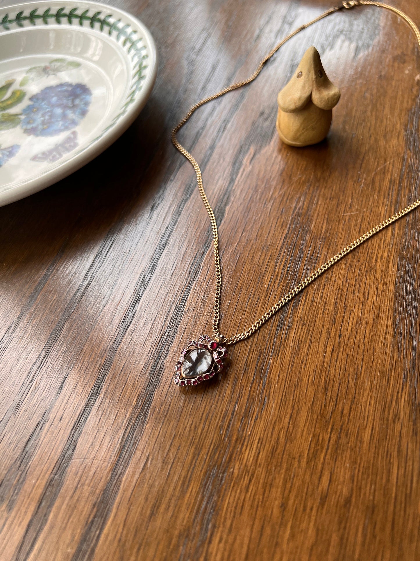 GEORGIAN Antique Bowed HEART Rock Crystal Garnet Ruby LOCKET 14k Gold Flat Cut Red Gemset Back Magnifier Pool of Light Romantic Gift Holiday