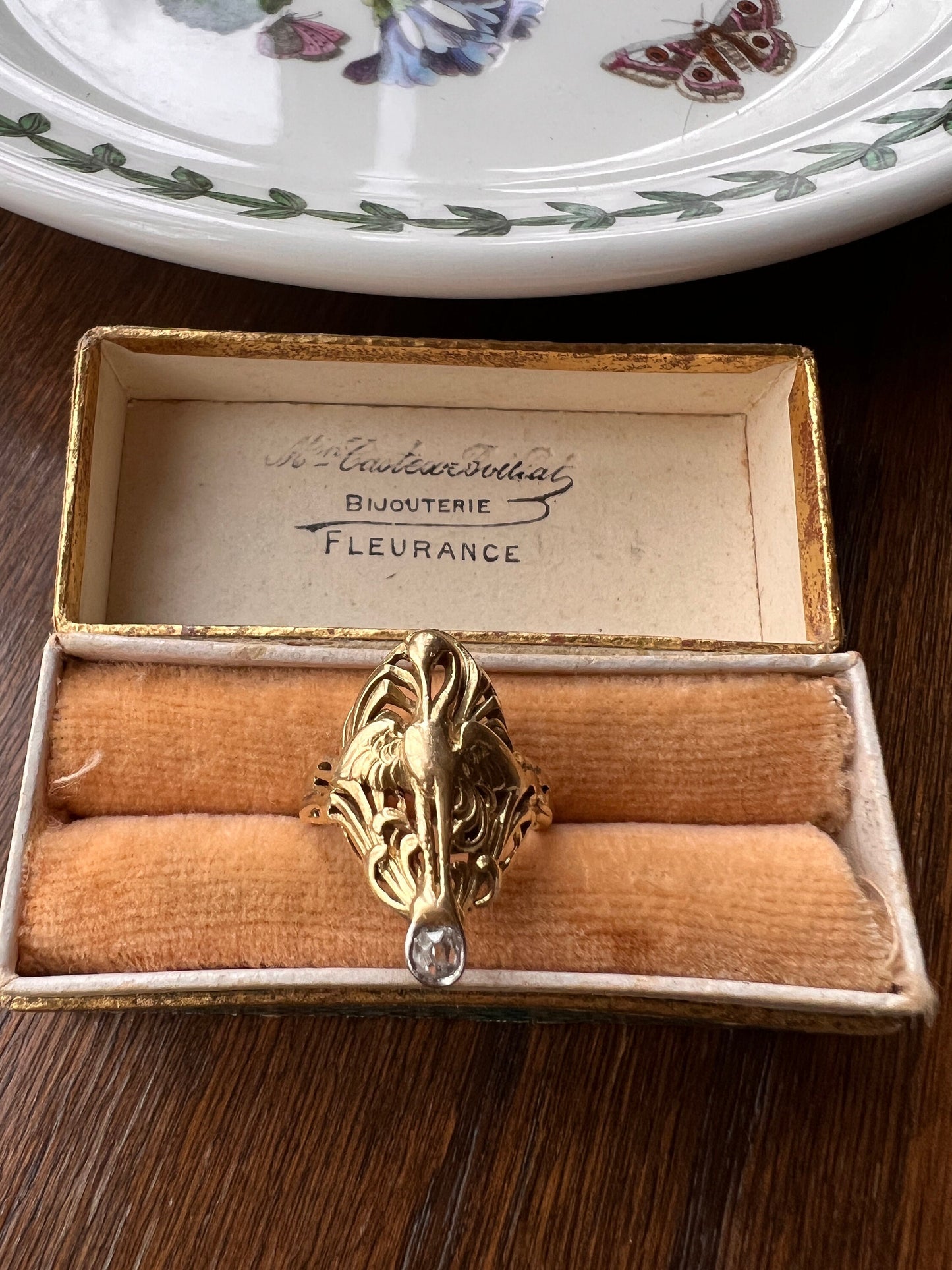SWAN French ANTIQUE Special Art Nouveau Old Mine Cut DIAMOND 18k Gold Platinum Ring Loyalty Strength Figural Animal Romantic Gift Lifelike