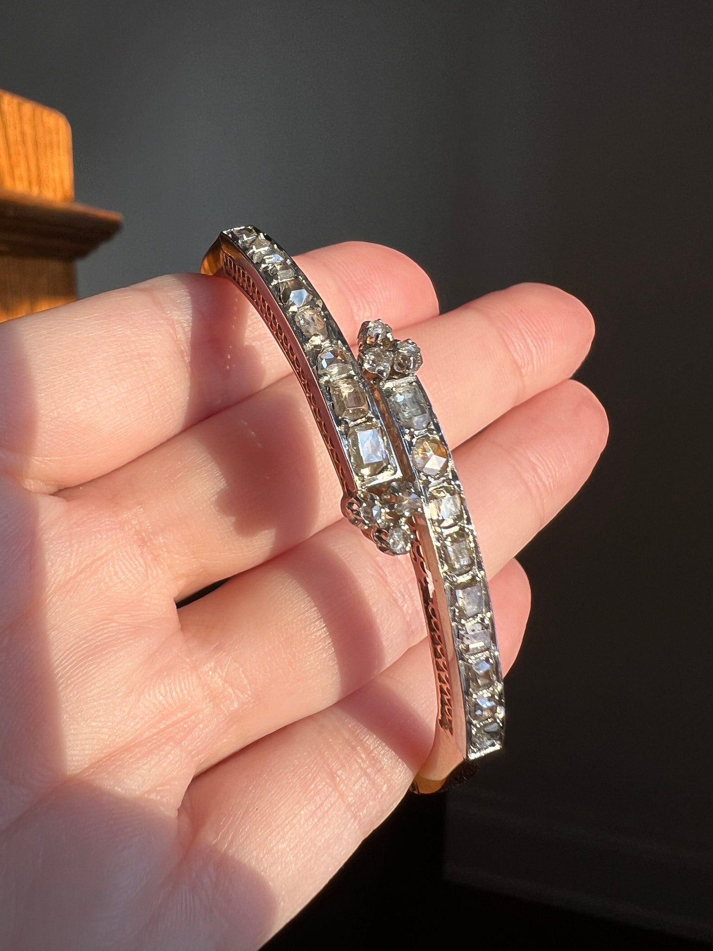 Boxed FRENCH Antique 24 TABLE Cut & Rose Cut DIAMOND 2 Carat Linear Clovers Hinged Bangle Bracelet 18k Gold Platinum Victorian Belle Epoque