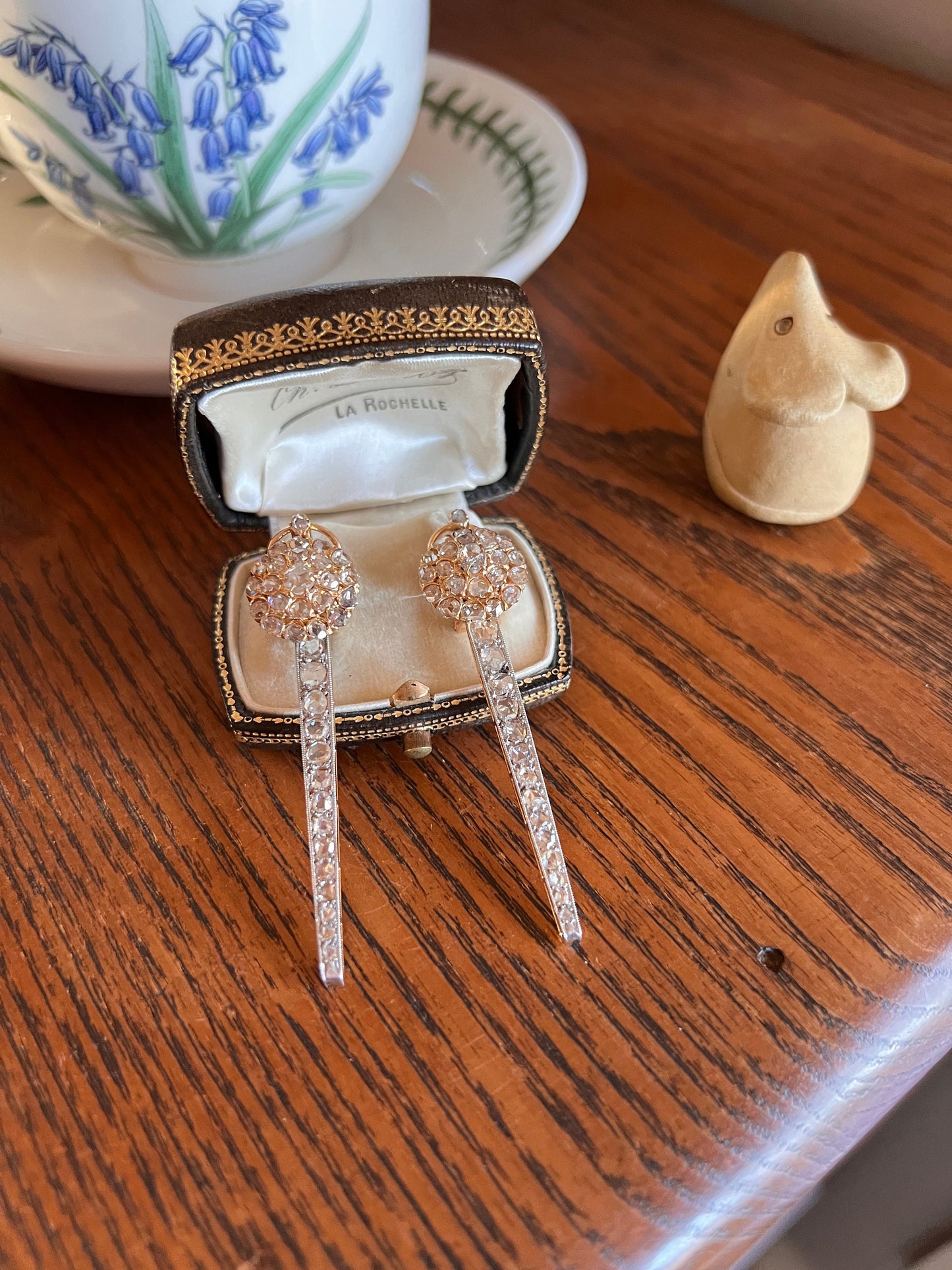 SPIKE French Antique 4 Carats 74 Rose DIAMOND Cluster Dangle Earrings 18k Gold 2.4" LONG Drop Bridal Something Old Rare Romantic Gift 4Ctw