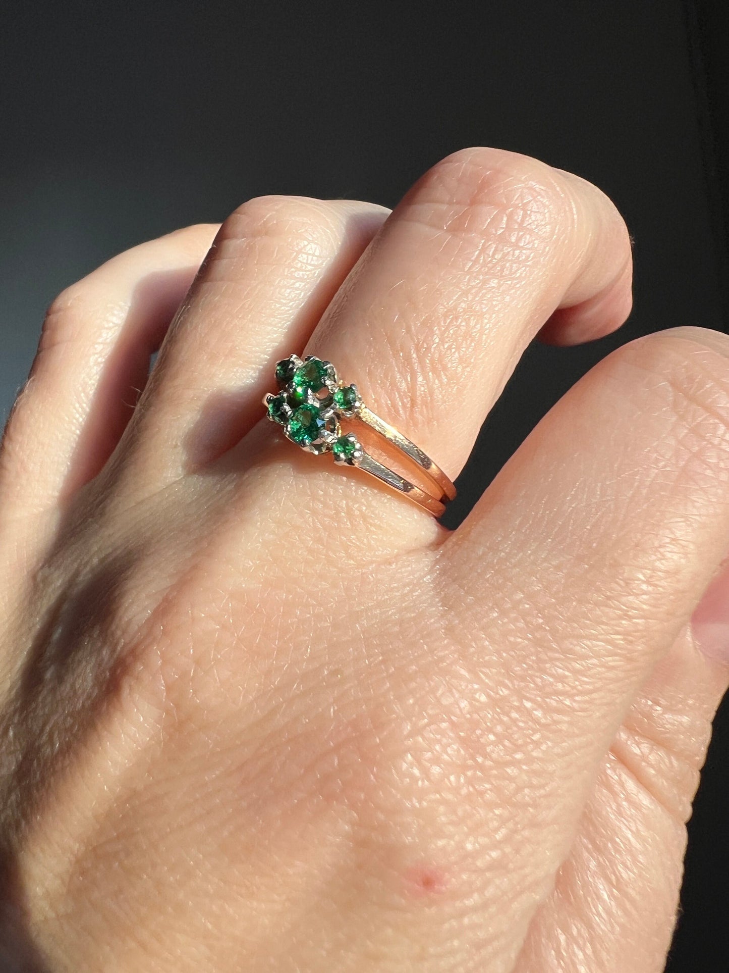 French ANTIQUE 18k Rose Gold Green Paste Faux Emerald Double Band Ring Stacker Romantic Gift Six Stone Linear Victorian Belle Epoque