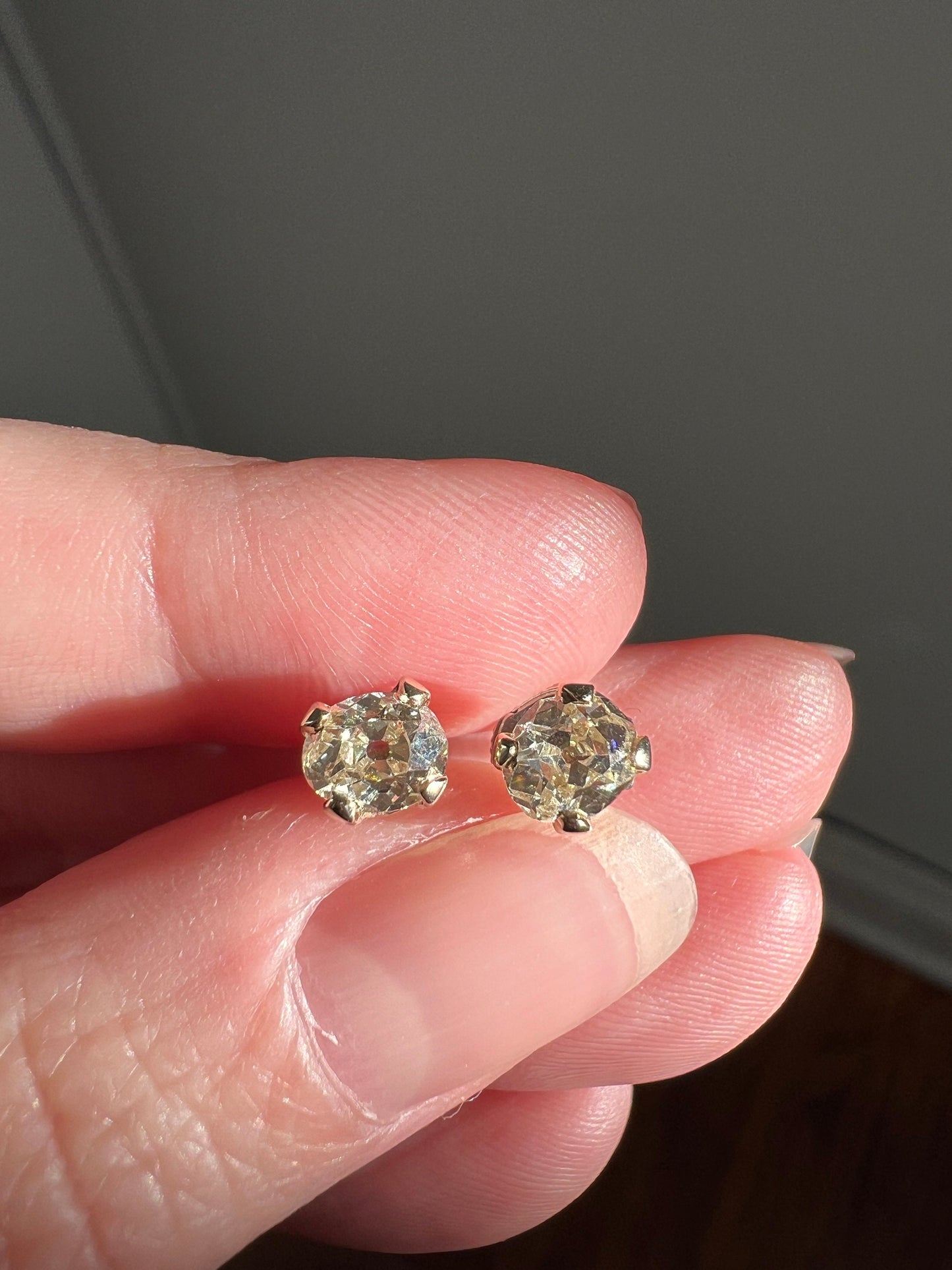 Antique 1 Carat 1Ctw. OVAL Light Yellow Cape Color Old Mine Cut DIAMOND Stud Earrings w/ Certificate 18k White GOLD Romantic Gift Minimalist