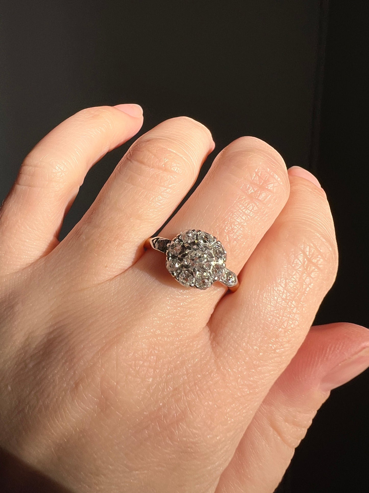 Large FRENCH Antique 1 Carat 11 Old Mine Cut DiAMOND RiNG 18k Gold PLATINUM 1Ctw Halo Cluster Stacker Romantic Gift Daisy OMC Belle Epoque
