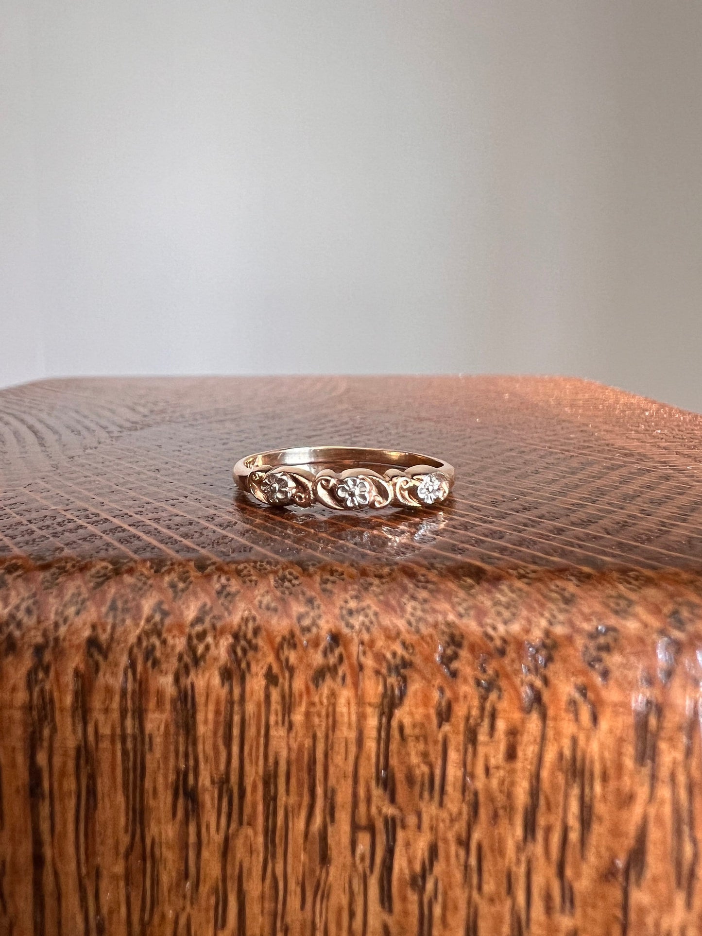 FLORAL Vintage - Antique Art Deco Skinny BAND Stacker Ring 14k GOLD Three Forget Me Not Orange Blossom Swirl Dainty Minimalist Romantic Gift