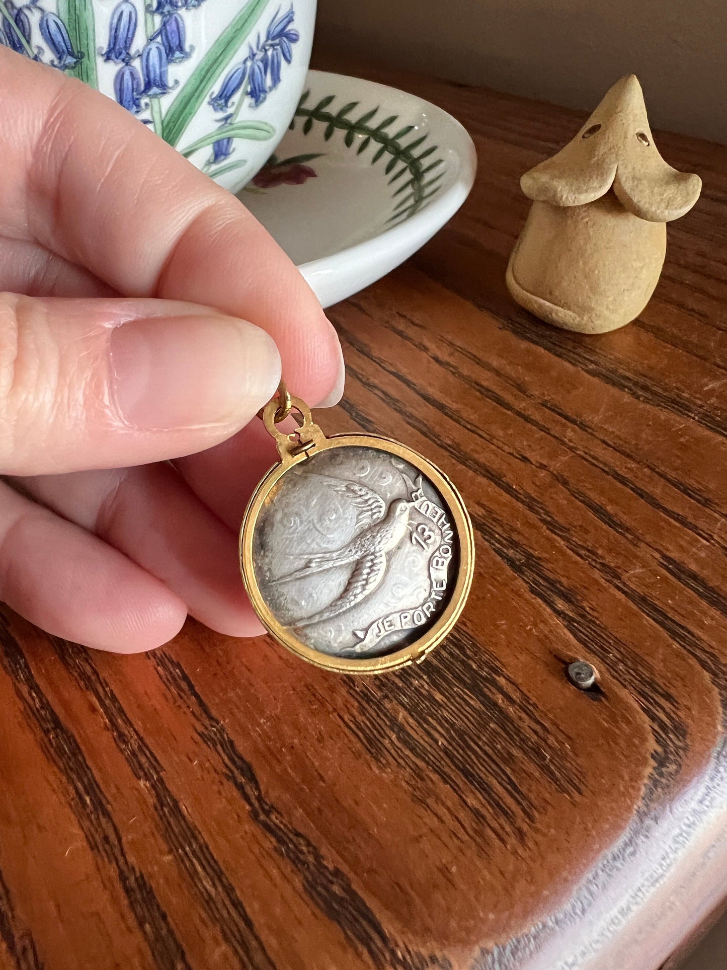 French "I BRING HAPPINESS Luck" Porte Bonheur Lucky Charm Number 13 Antique Silver Pl Brass Photo Locket Pendant Bird Swallow Romantic Gift