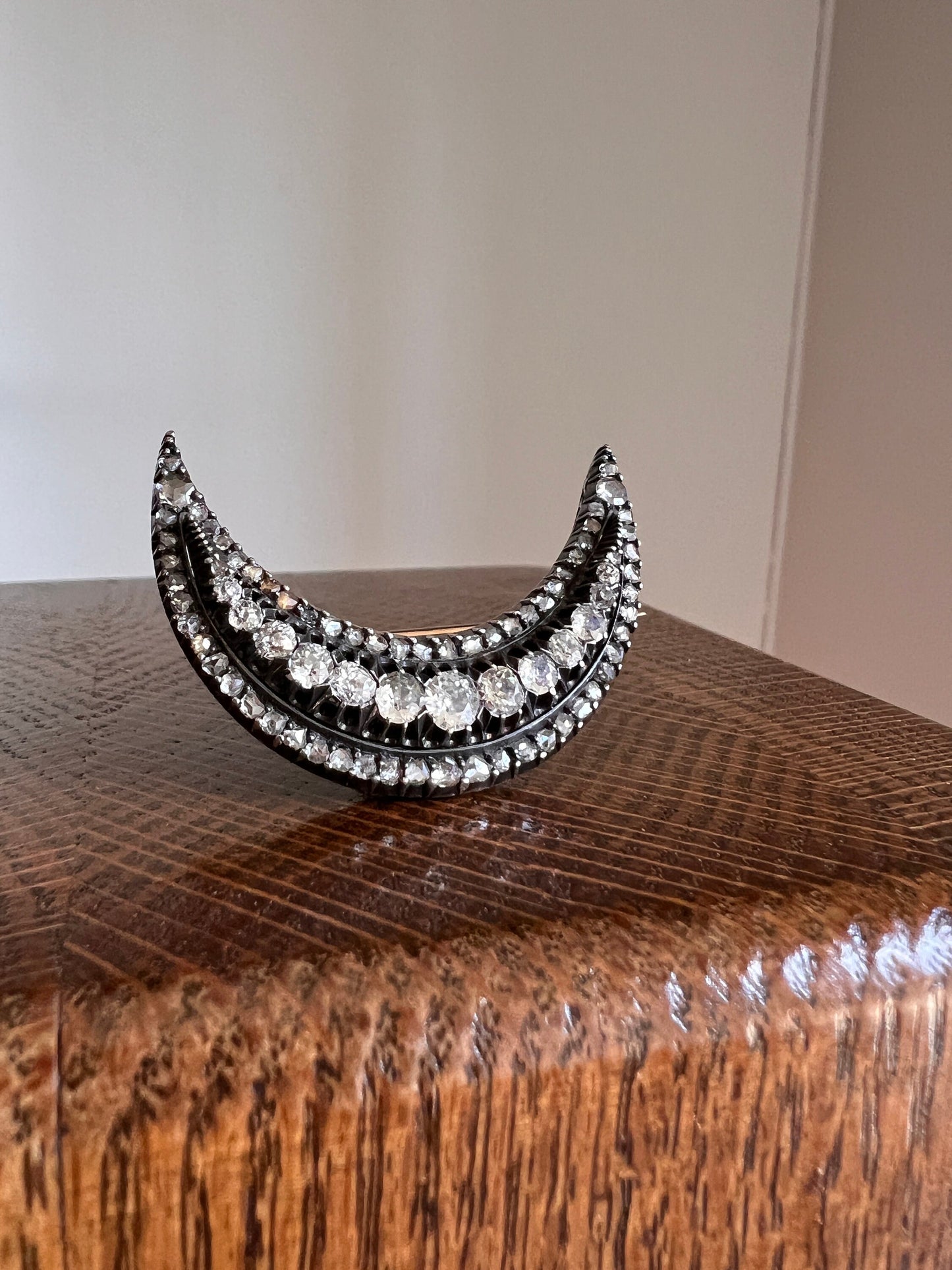 Special XL Crescent MOON 2 3/4 Carats Rose Old Mine European Cut DIAMOND Brooch Pendant French Antique 14k Rose Gold Silver Victorian Gift