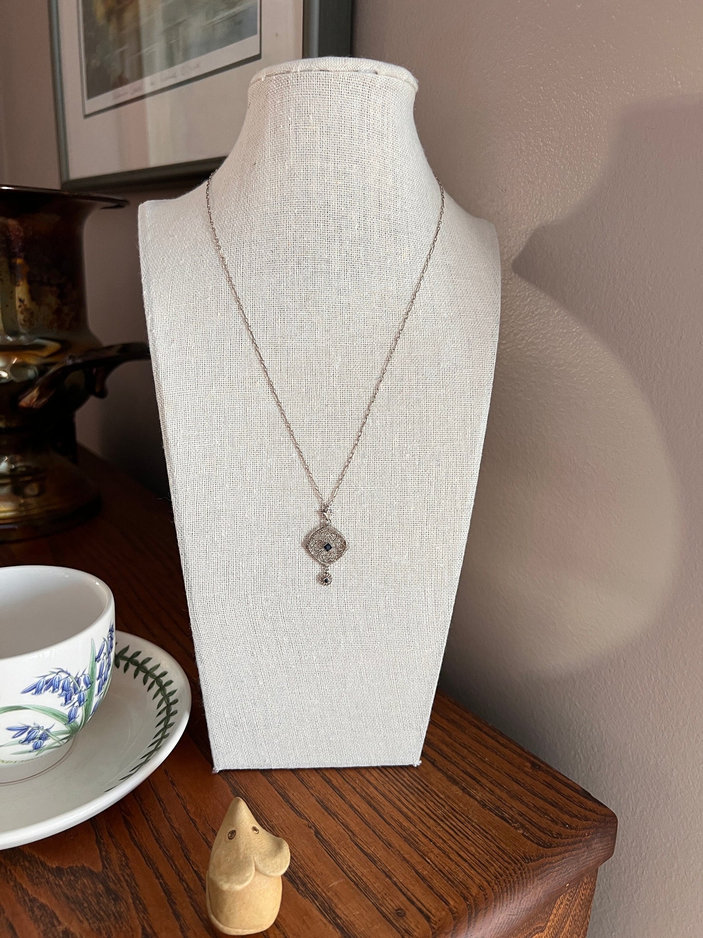 LACE Filigree Antique Art Deco Pendant on Ornate Link Chain 14k White Gold Blue Paste Faux Sapphire Dangle Romantic Gift Neckmess Neckstack
