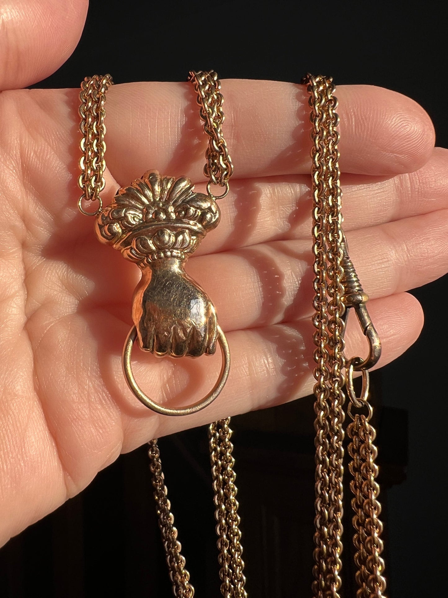 XL FIST French Antique VICTORIAN Necklace Double Chain with Swivel Loop Pendant Holder 25g 9k 14k Gold Figural Hand Figa Neckmess Neckstack