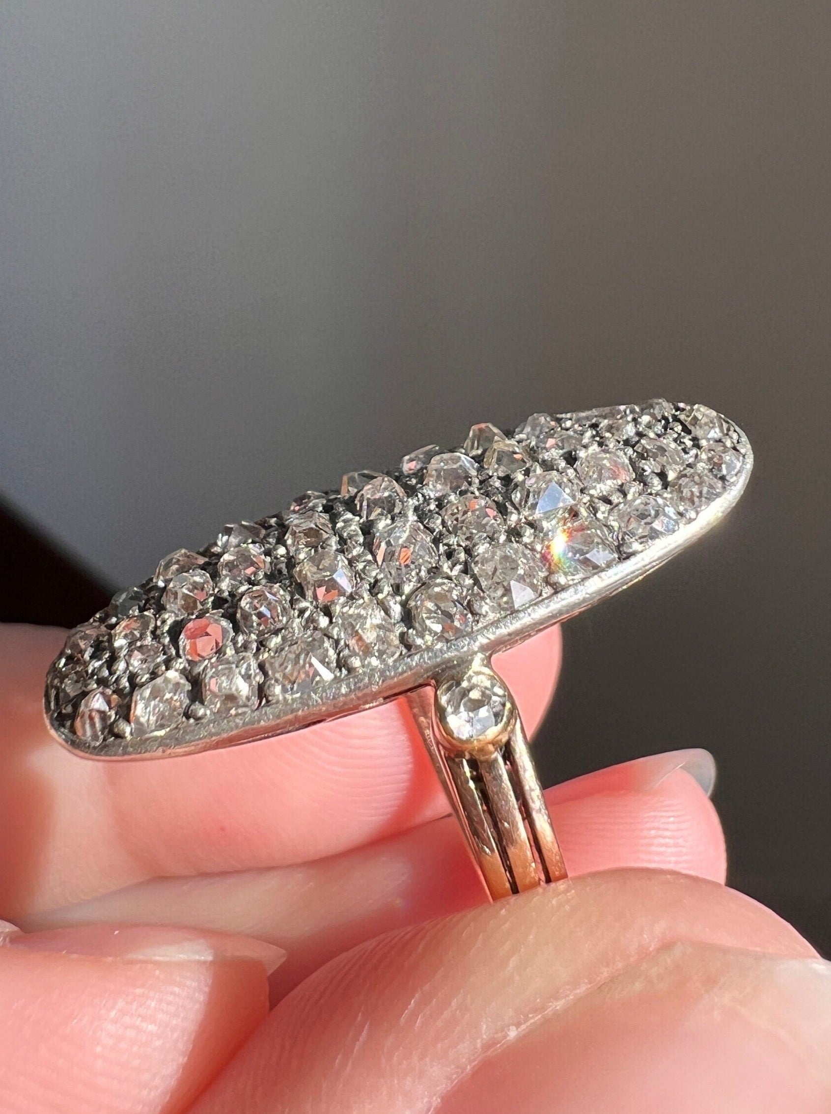 Large Oval French ANTIQUE Carat 44 TALL Old Mine Cut DIAMOND Pave Cluster Ring 14k Gold