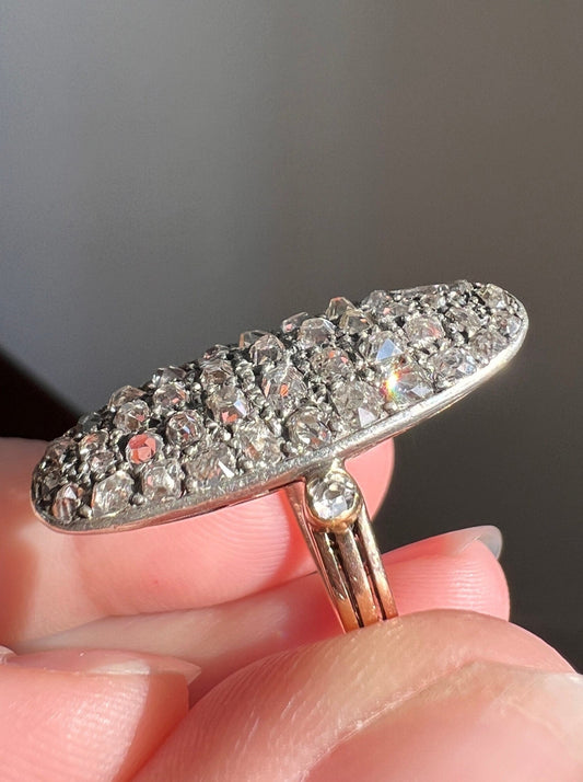 Large Oval French ANTIQUE 1.6 Carat 44 TALL Old Mine Cut DIAMOND Pave Cluster Ring 14k Gold Belle Epoque Romantic Gift OmC Victorian 1.5Ctw