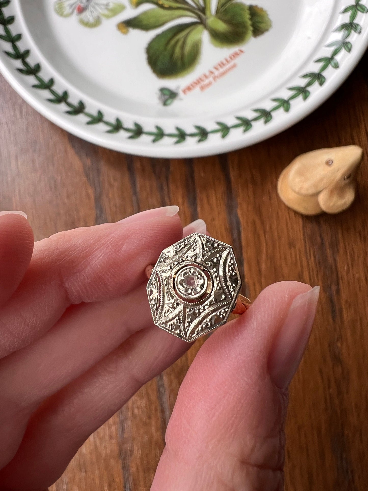 OCTAGON Shield French Antique Rose Cut Diamond 18k GOLD Ring Geometric Stacker Band Romantic Gift Belle Epoque