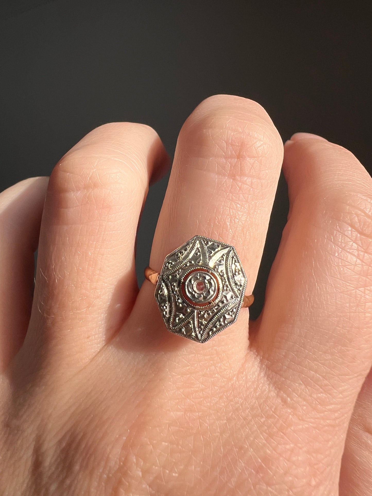 OCTAGON Shield French Antique Rose Cut Diamond 18k GOLD Ring Geometric Stacker Band Romantic Gift Belle Epoque