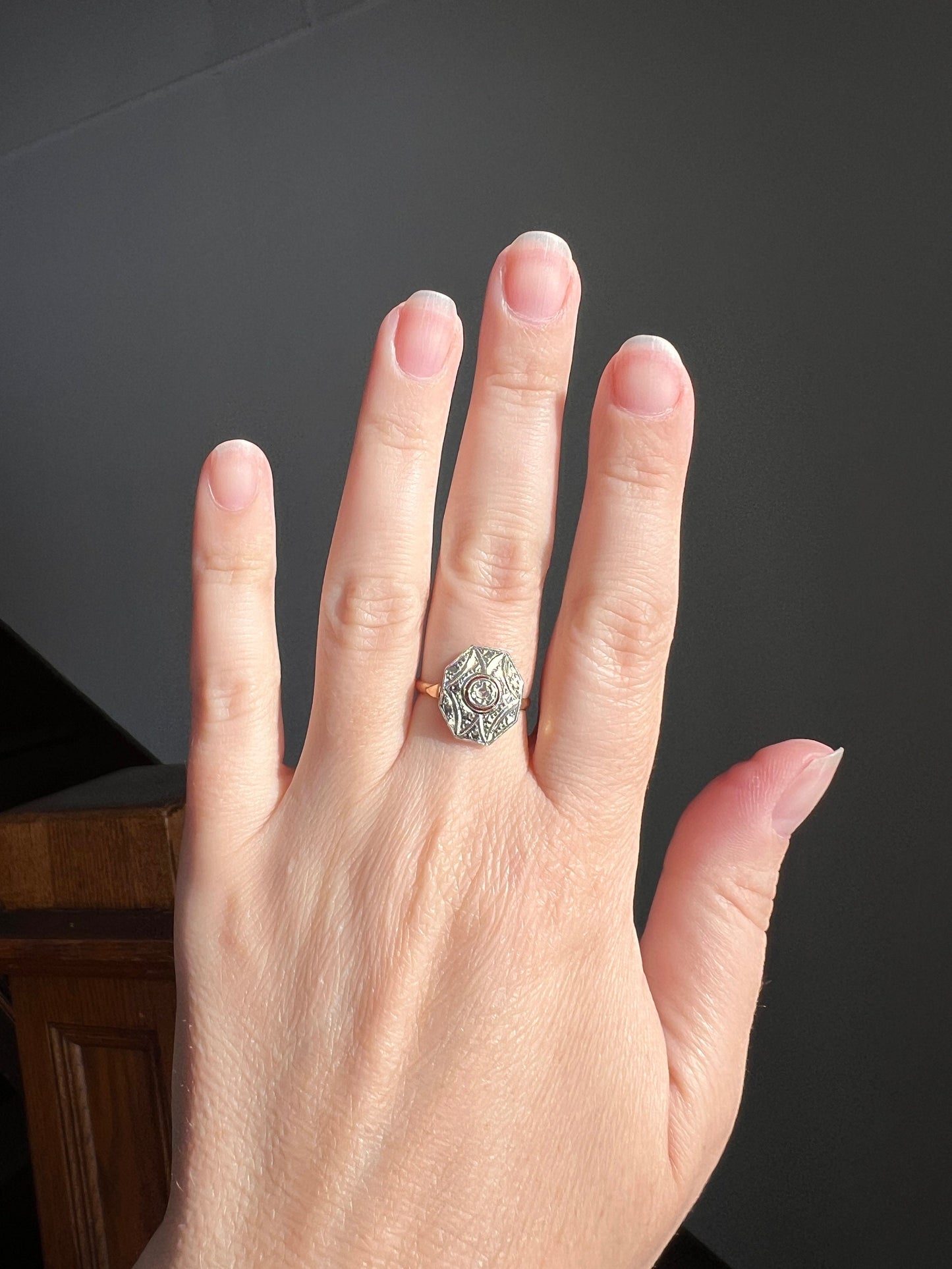 OCTAGON Shield French Antique Rose Cut Diamond 18k GOLD Ring Geometric Stacker Band Romantic Gift Belle Epoque