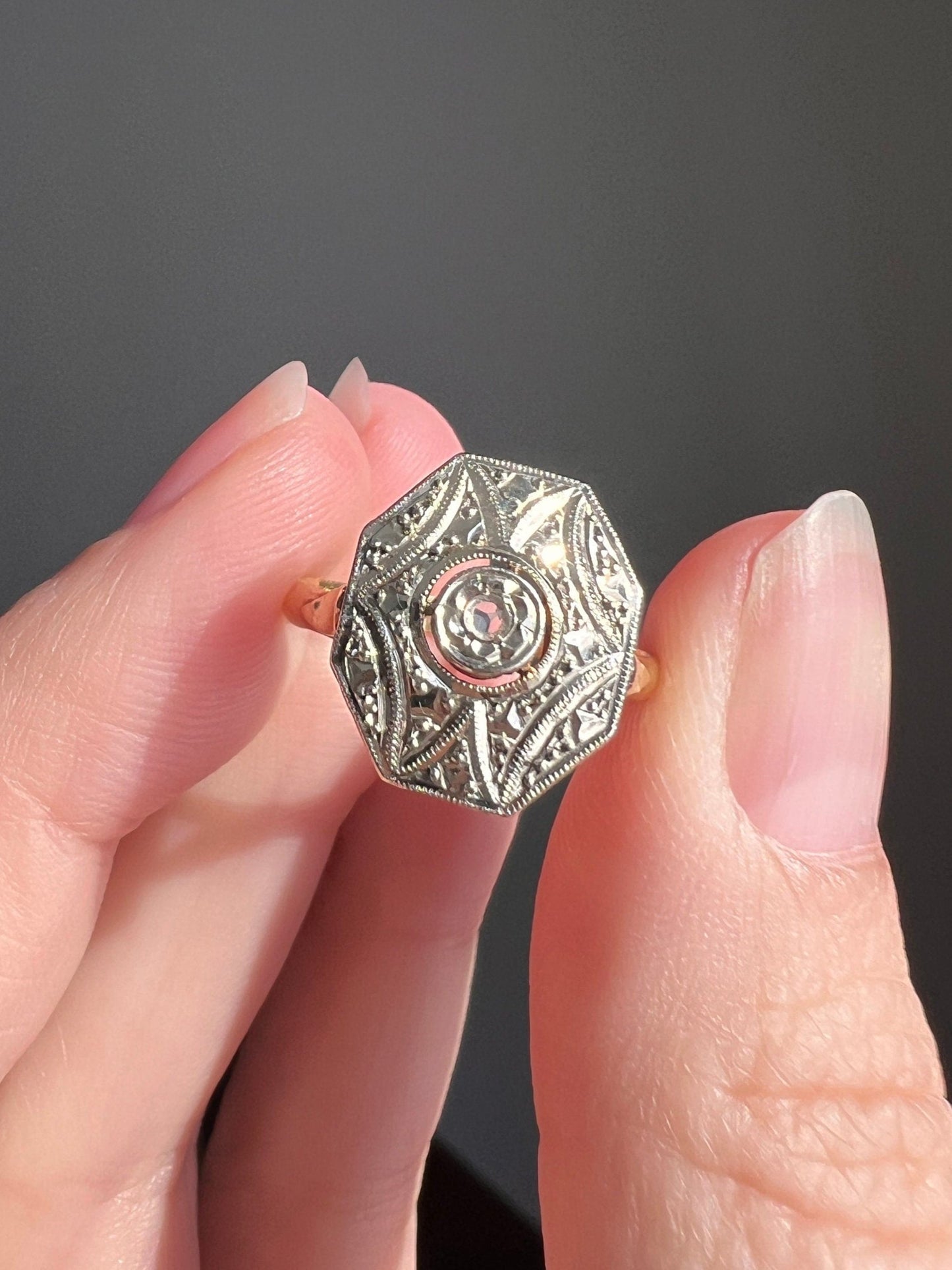 OCTAGON Shield French Antique Rose Cut Diamond 18k GOLD Ring Geometric Stacker Band Romantic Gift Belle Epoque
