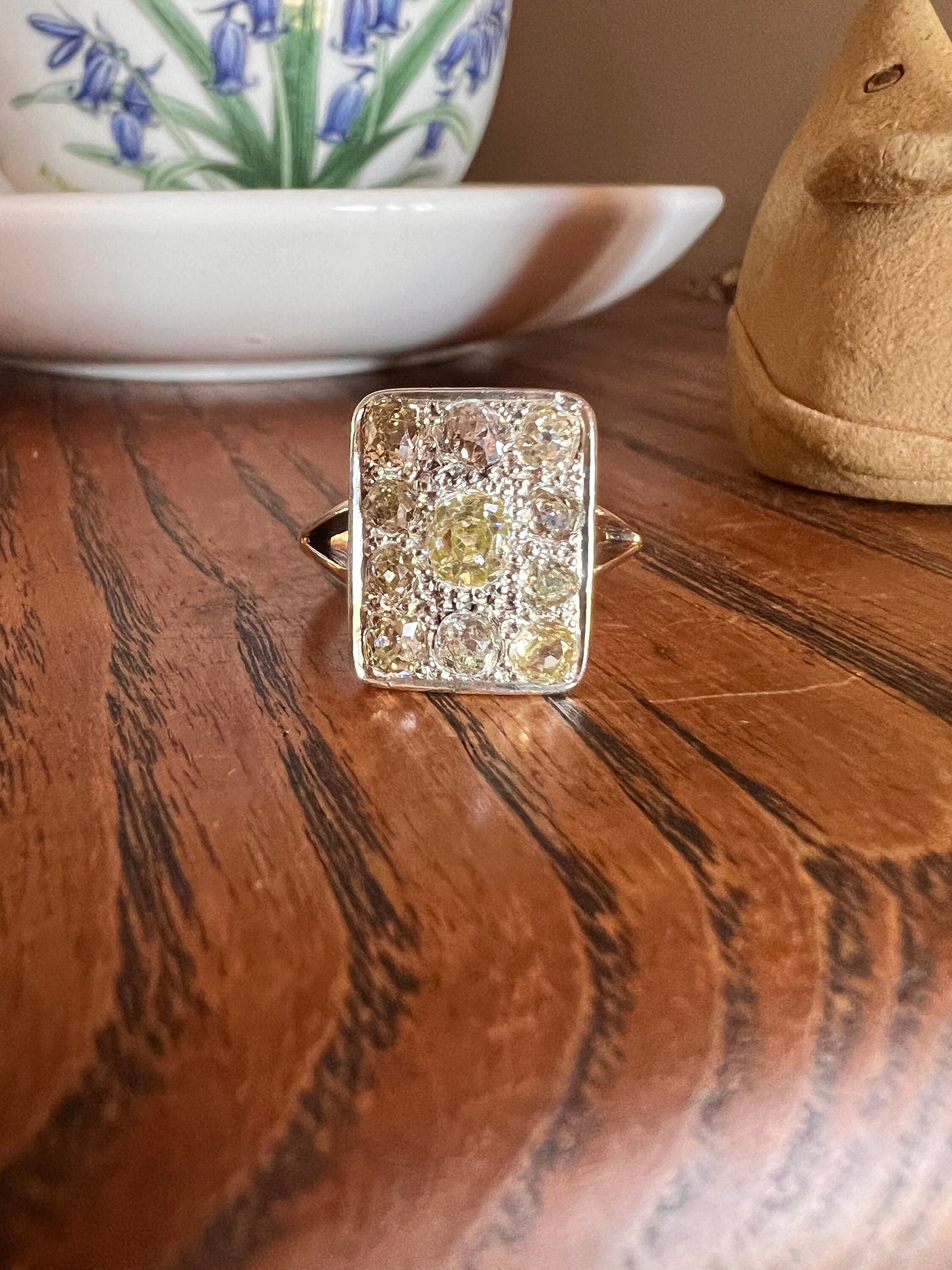 YELLOW Champagne Brown 1.75 Carat Old Mine Cut DIAMOND Grid Cluster Ring 18k Gold Rectangular Statement Engraved Geometric Gift Chunky OmC