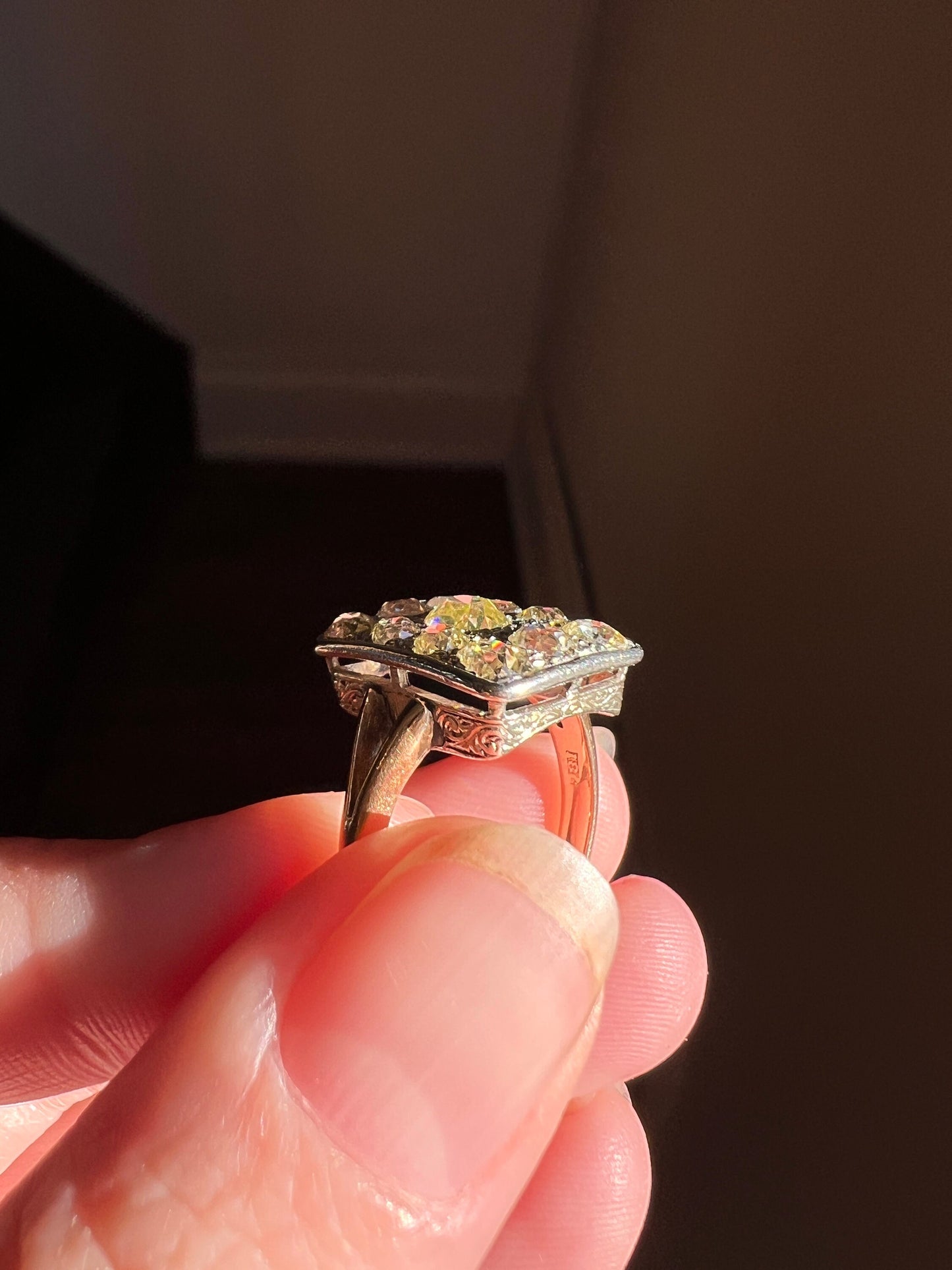 YELLOW Champagne Brown 1.75 Carat Old Mine Cut DIAMOND Grid Cluster Ring 18k Gold Rectangular Statement Engraved Geometric Gift Chunky OmC