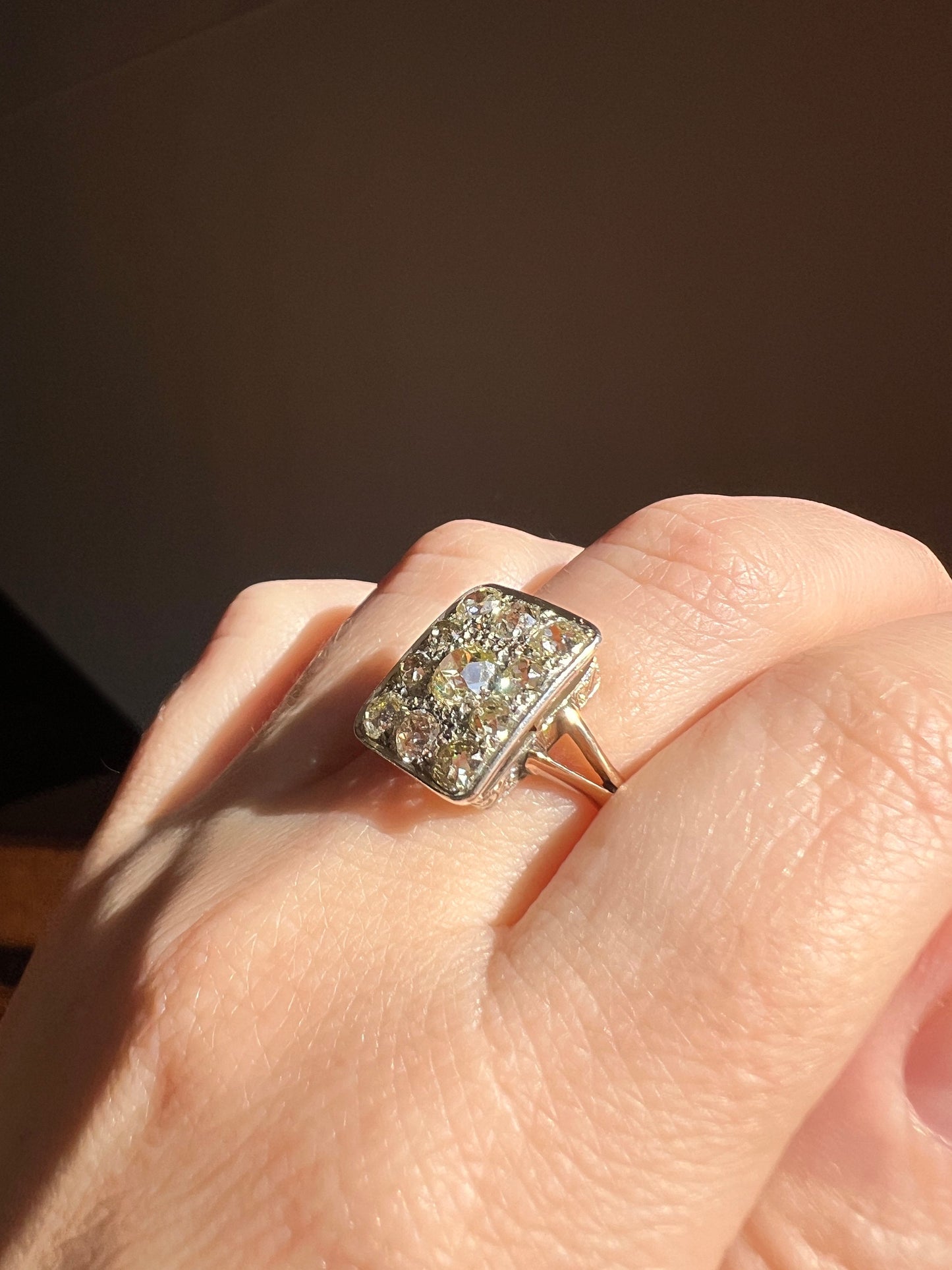 YELLOW Champagne Brown 1.75 Carat Old Mine Cut DIAMOND Grid Cluster Ring 18k Gold Rectangular Statement Engraved Geometric Gift Chunky OmC