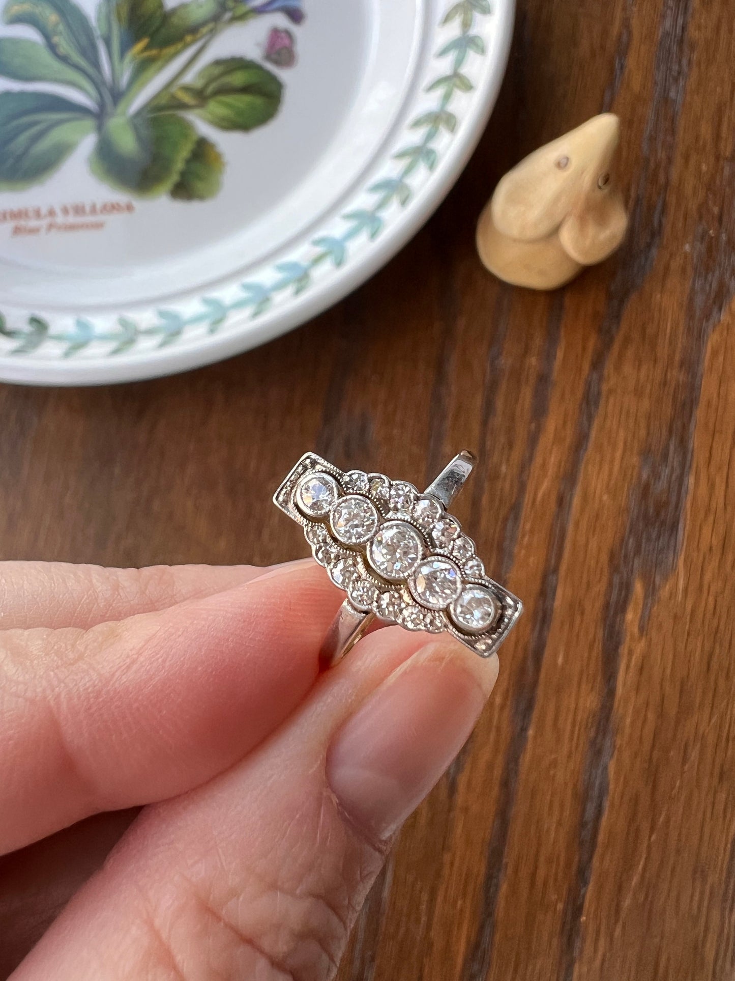 Unique Old European Cut DIAMOND Ring French Architectural Scalloped Halo Antique 18k Gold & Platinum Geometric Linear Cluster OEC Sweet Gift