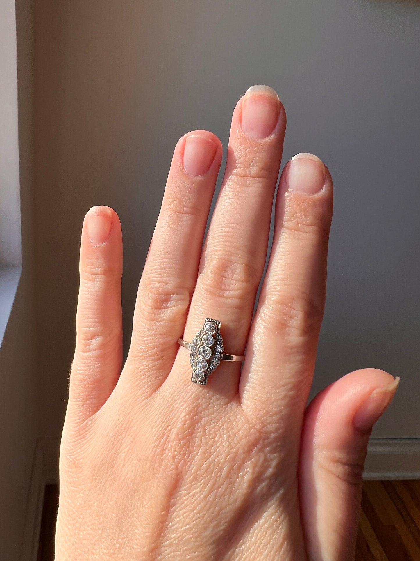 Unique Old European Cut DIAMOND Ring French Architectural Scalloped Halo Antique 18k Gold & Platinum Geometric Linear Cluster OEC Sweet Gift