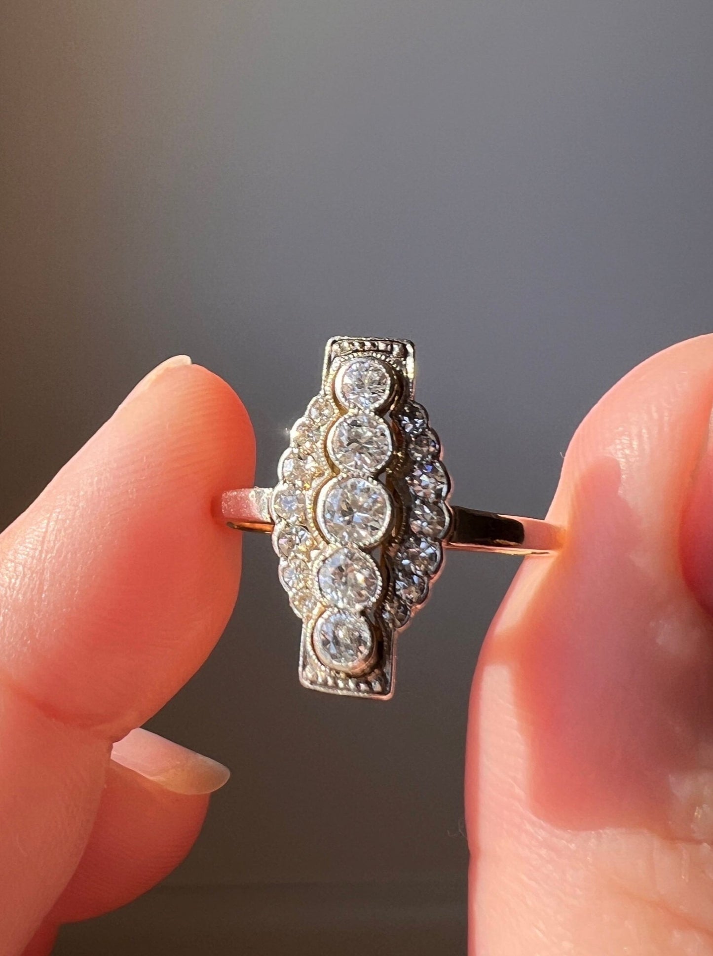 Unique Old European Cut DIAMOND Ring French Architectural Scalloped Halo Antique 18k Gold & Platinum Geometric Linear Cluster OEC Sweet Gift