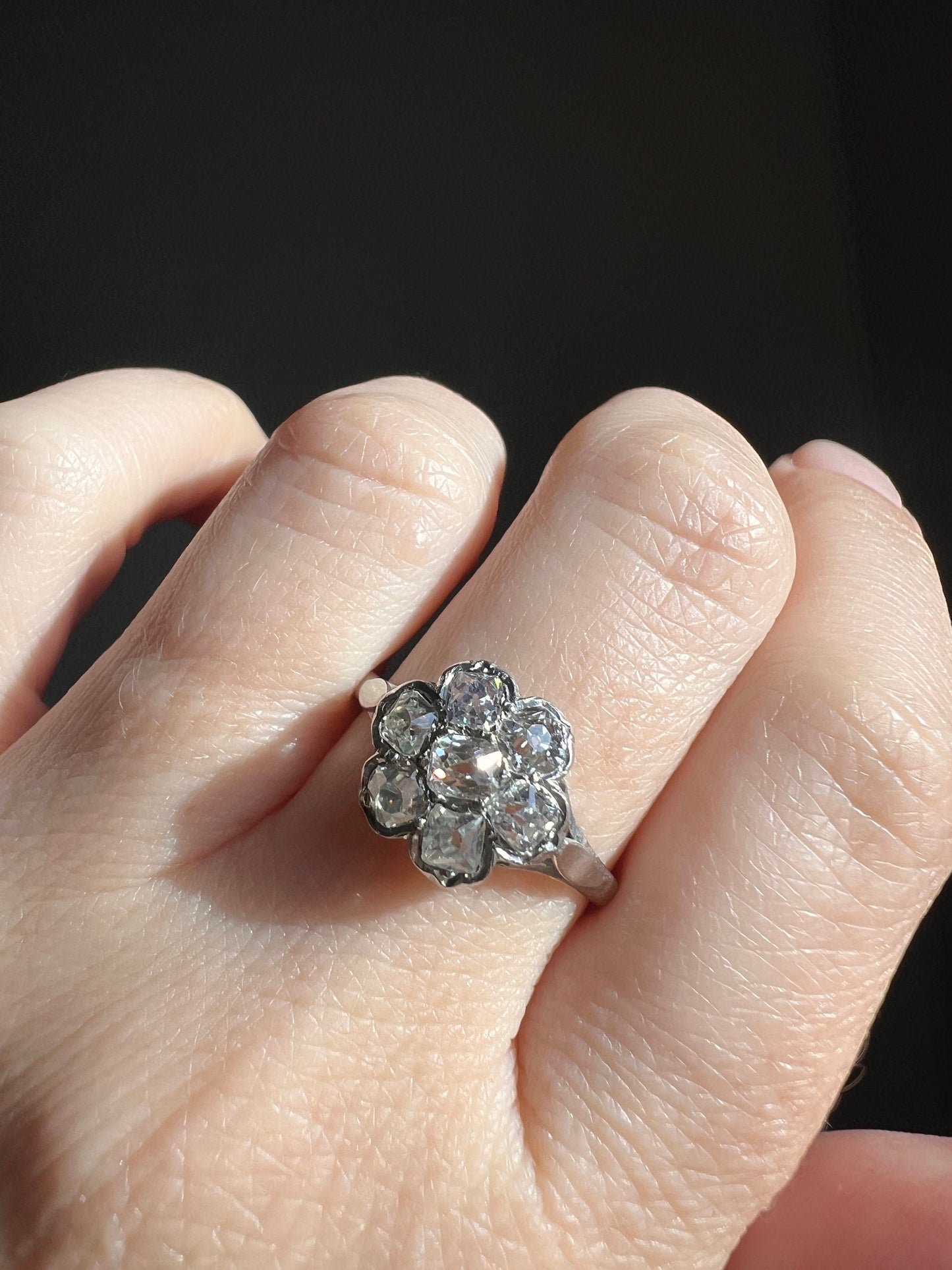 Old Mine Cut DIAMOND 1.2 Carat Daisy Cluster Ring PLATINUM French Antique Seven Stone Chunky Stacker Unique Victorian Edwardian Gift OMC