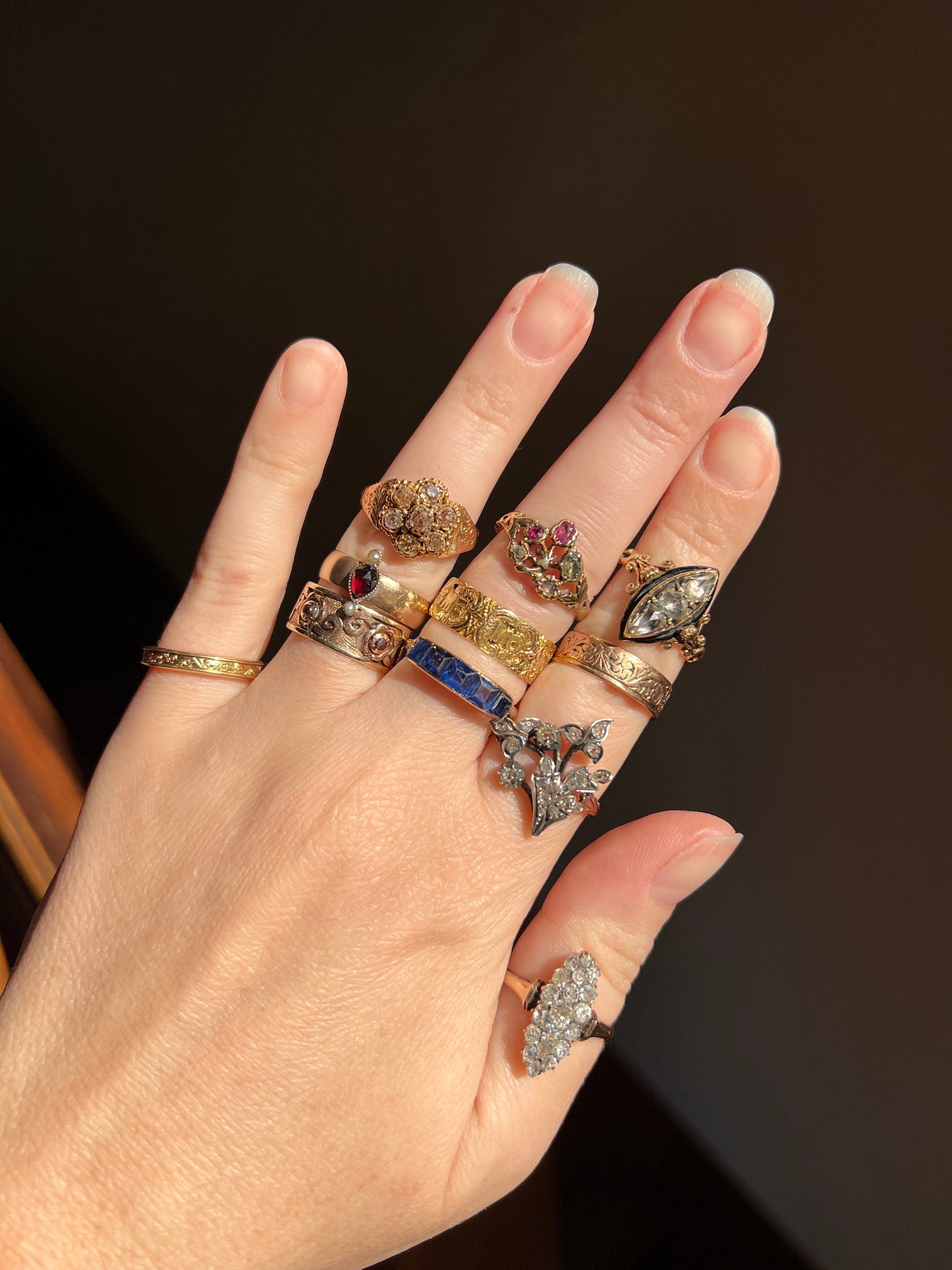 GIARDINETTI Antique Floral Bouquet Ring Ruby Emerald Old Mine Cut Diamond Leaf Shoulders Romantic Gift Ornate Figural Georgian to Victorian