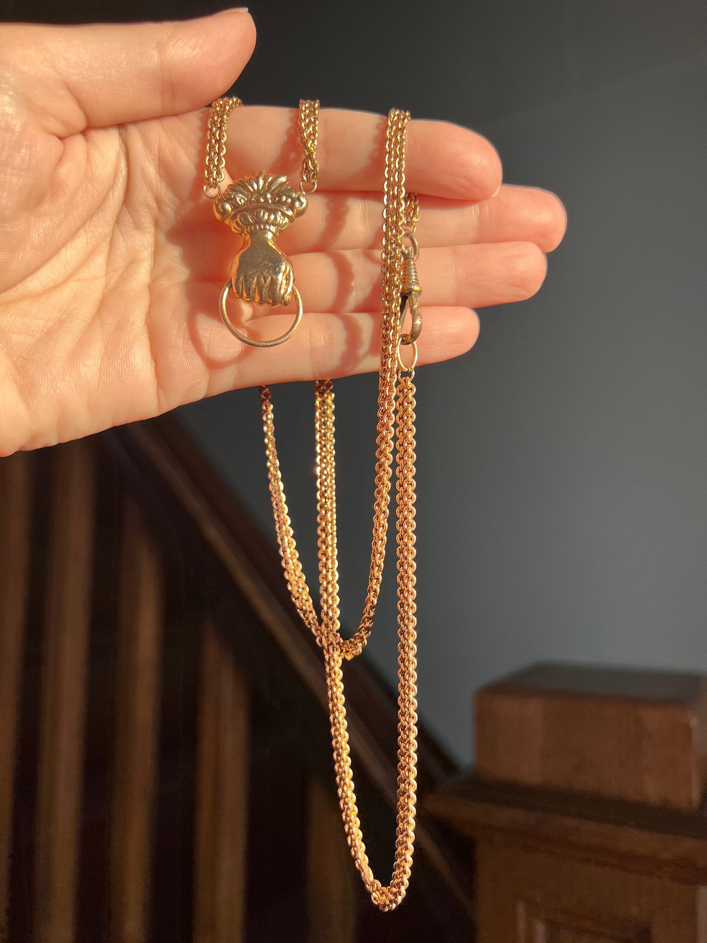 XL FIST French Antique VICTORIAN Necklace Double Chain with Swivel Loop Pendant Holder 25g 9k 14k Gold Figural Hand Figa Neckmess Neckstack