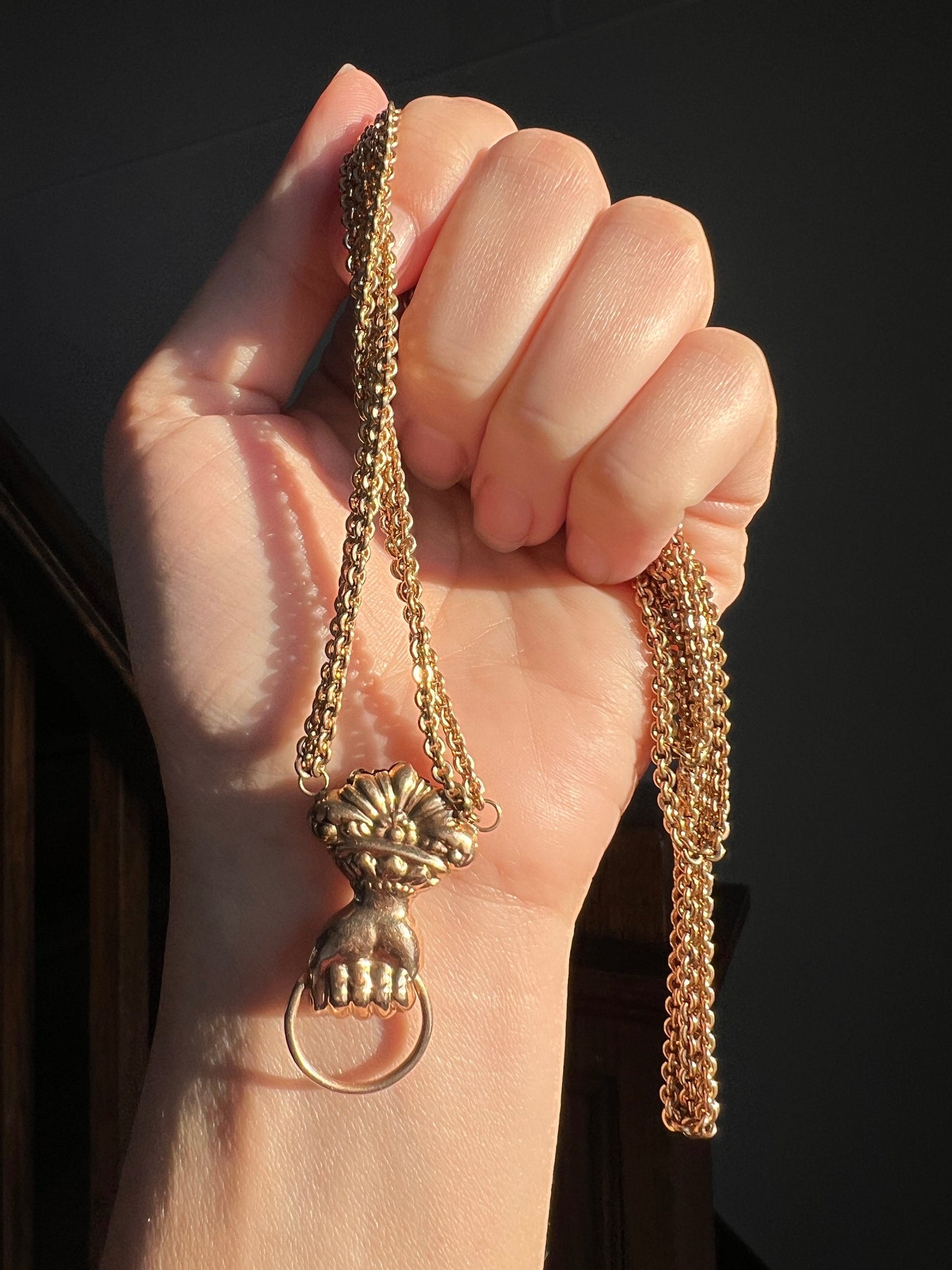 XL FIST French Antique VICTORIAN Necklace Double Chain with Swivel Loop Pendant Holder 25g 9k 14k Gold Figural Hand Figa Neckmess Neckstack