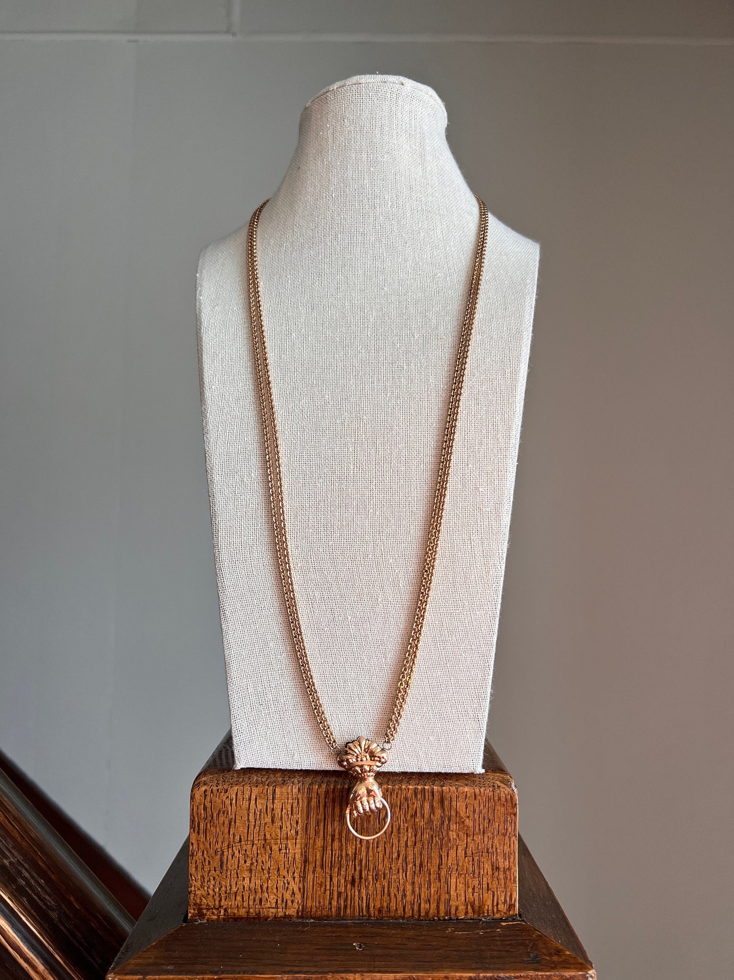 XL FIST French Antique VICTORIAN Necklace Double Chain with Swivel Loop Pendant Holder 25g 9k 14k Gold Figural Hand Figa Neckmess Neckstack