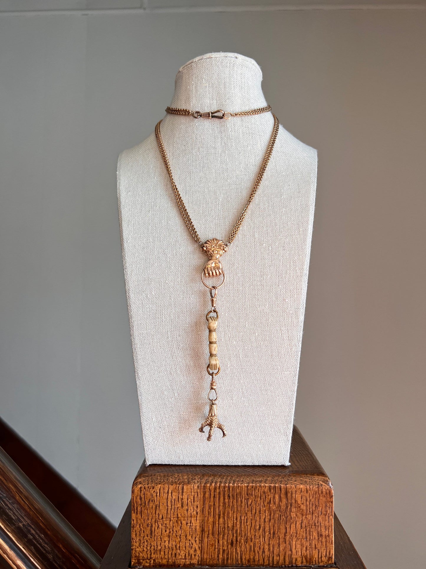 XL FIST French Antique VICTORIAN Necklace Double Chain with Swivel Loop Pendant Holder 25g 9k 14k Gold Figural Hand Figa Neckmess Neckstack